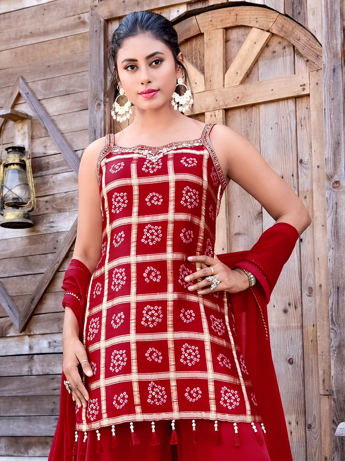 Red Silk Printed Wedding Wear Palazzo Suit