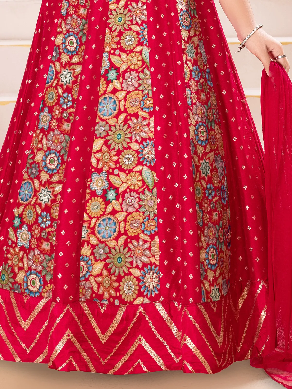 Red silk wedding wear gown with zari glow for girls