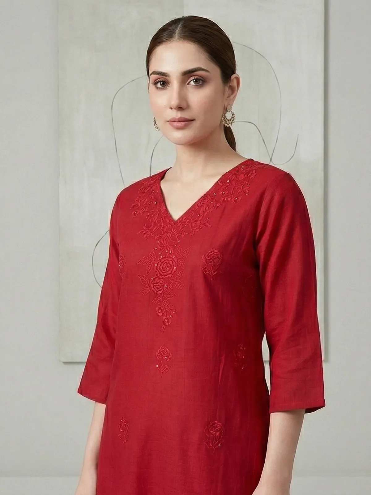 Red tone on tone embroidered cotton silk kurti