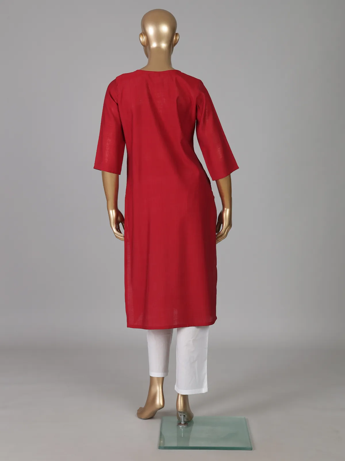Red tone on tone embroidered cotton silk kurti