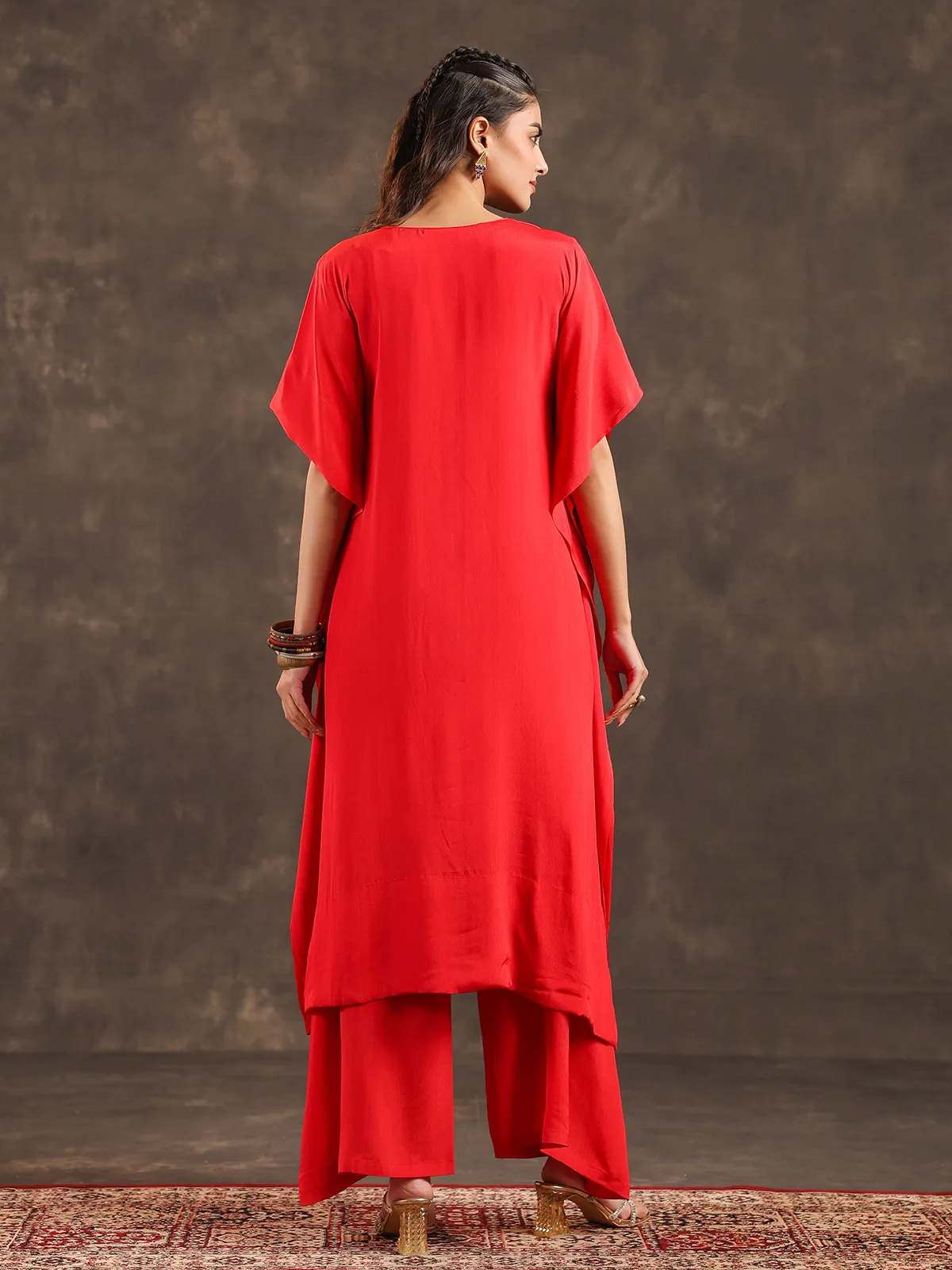 Red viscose crepe kaftan palazzo suit with festive embellishments