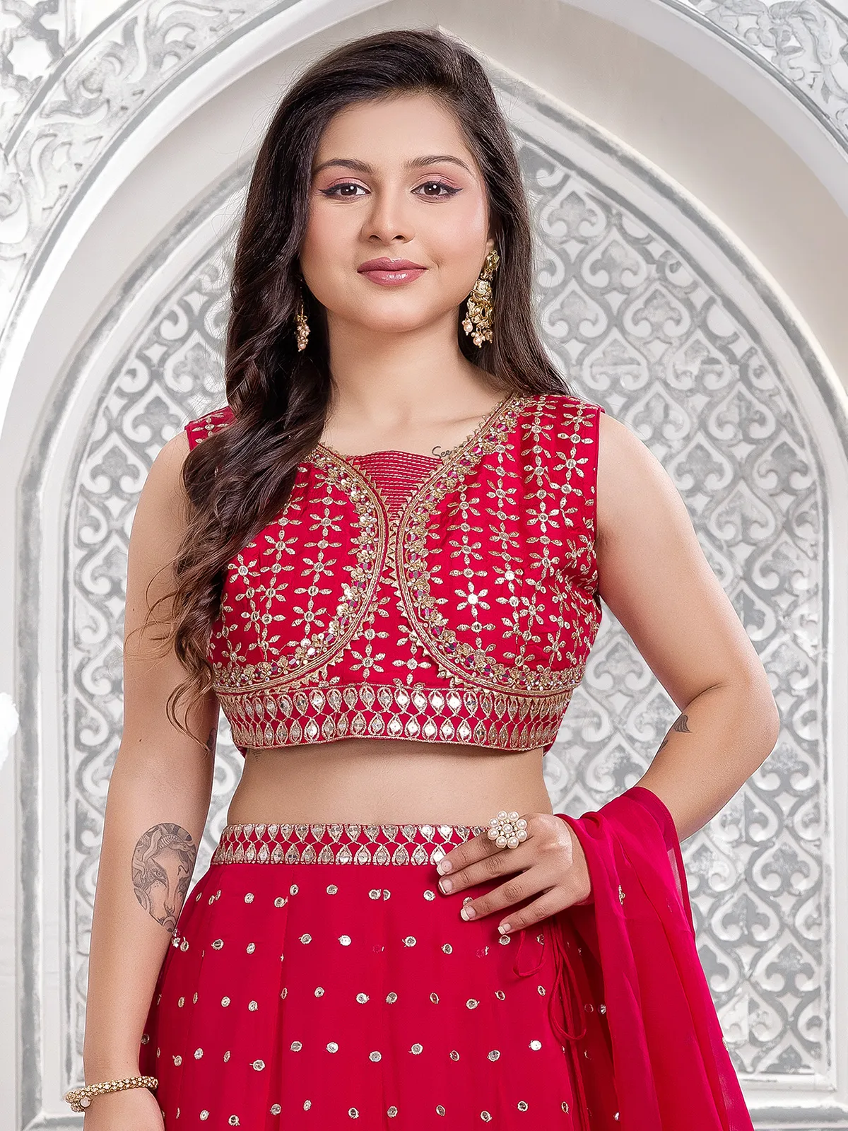 Red wedding wear georgette lehenga choli for girls