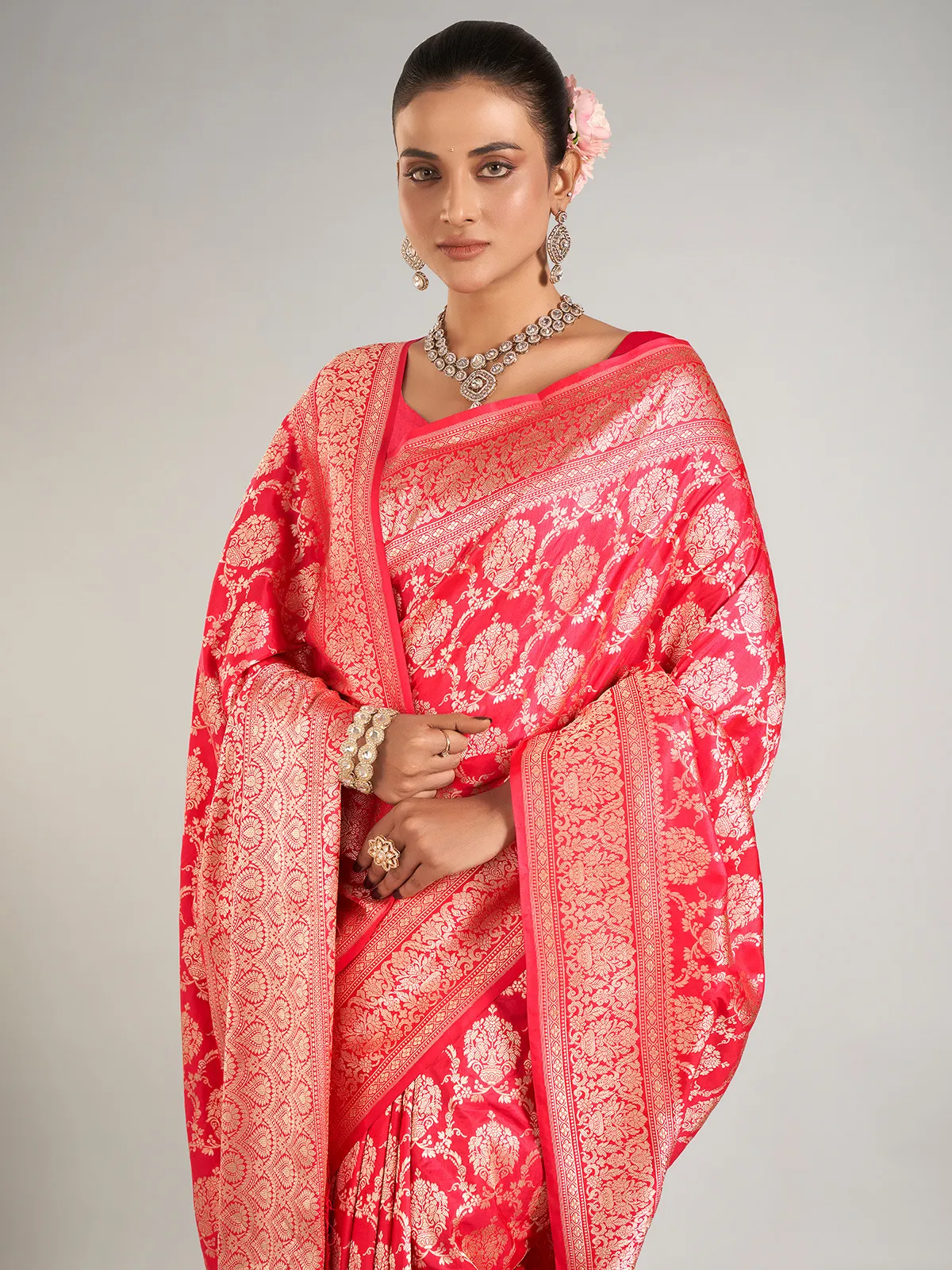 Red zari weaving banarasi silk saree for wedding