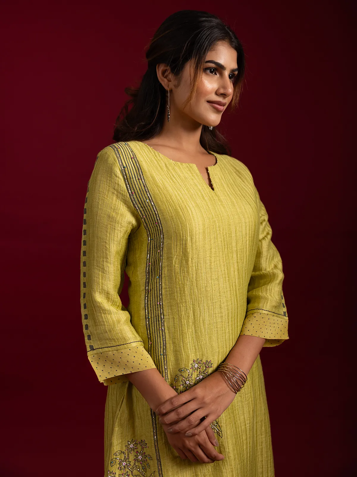 Refreshing lime green printed suit with delicate thread...