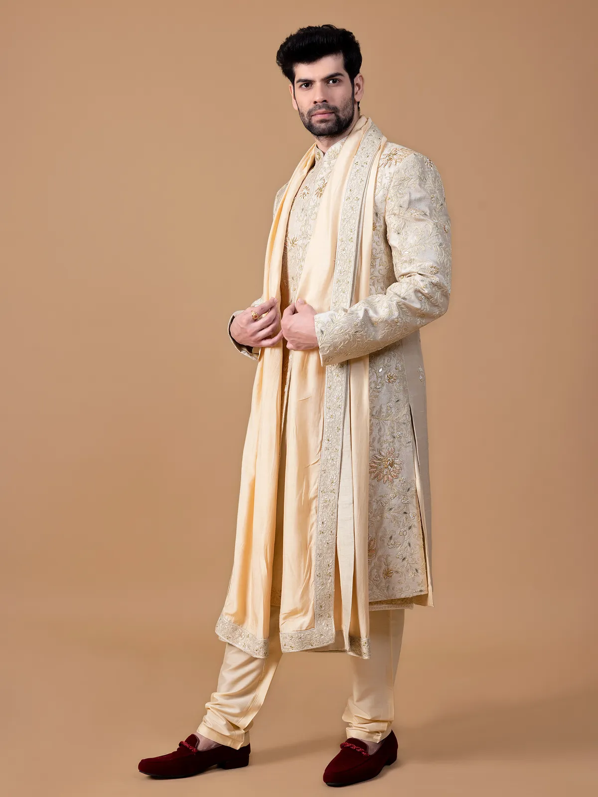 Rich beige raw silk sherwani