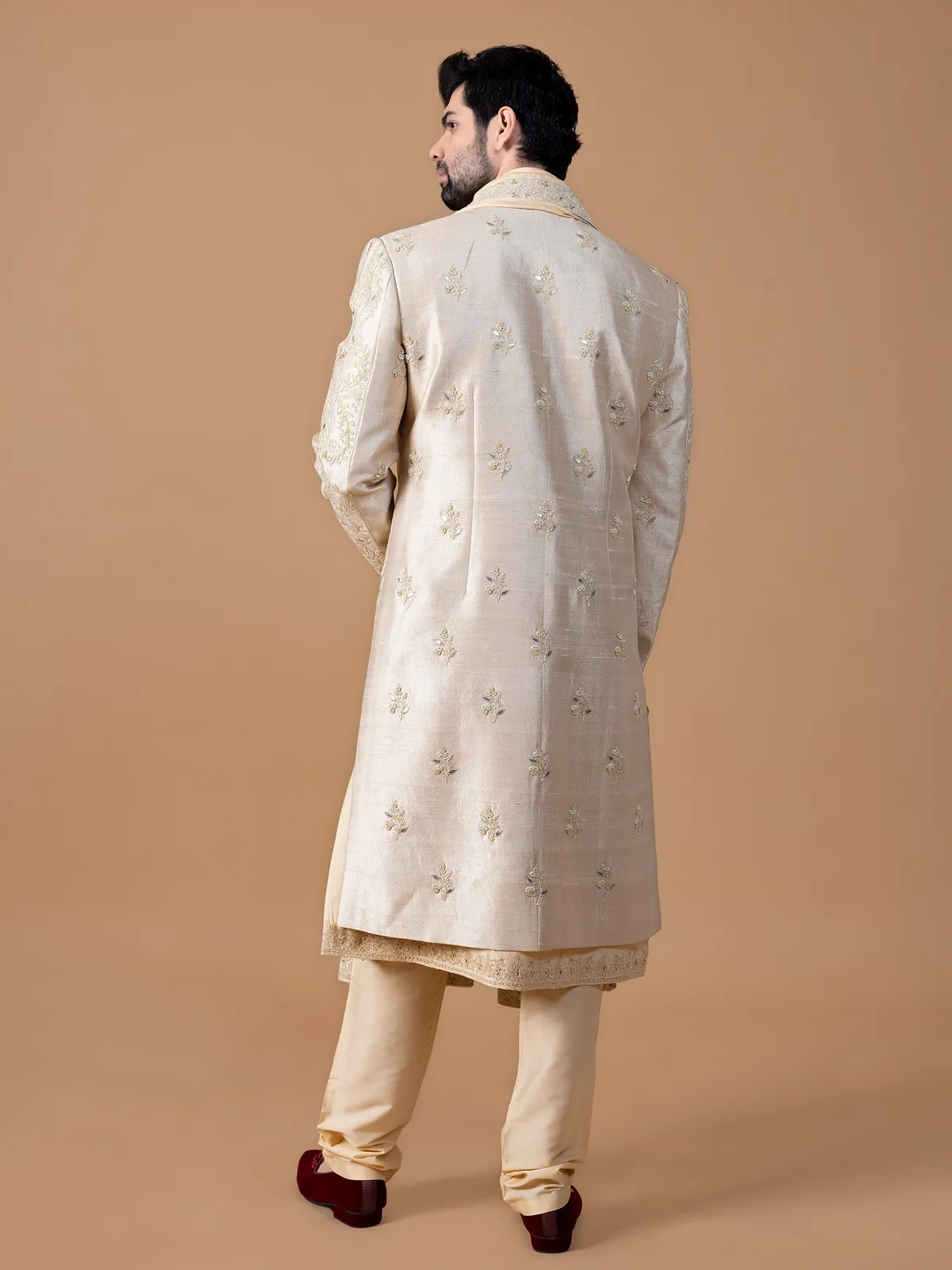 Rich beige raw silk sherwani