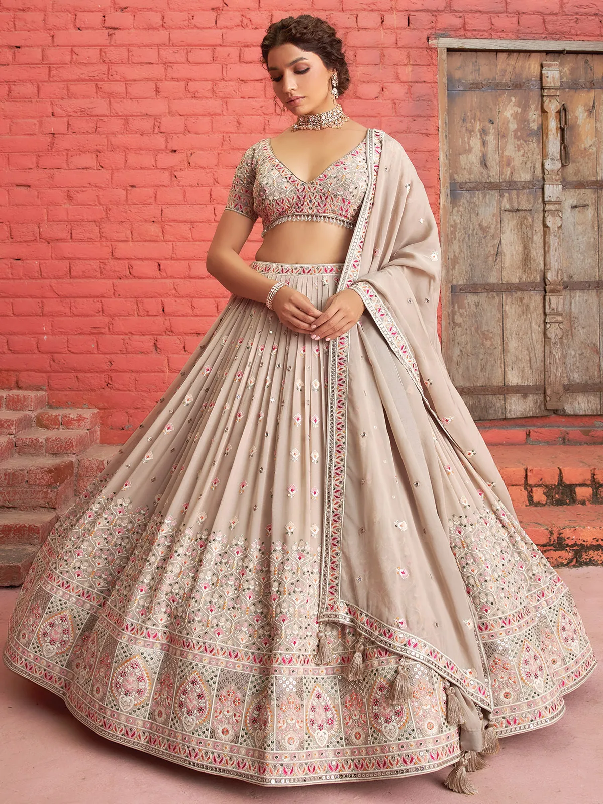 Rich beige wedding georgette lehenga choli