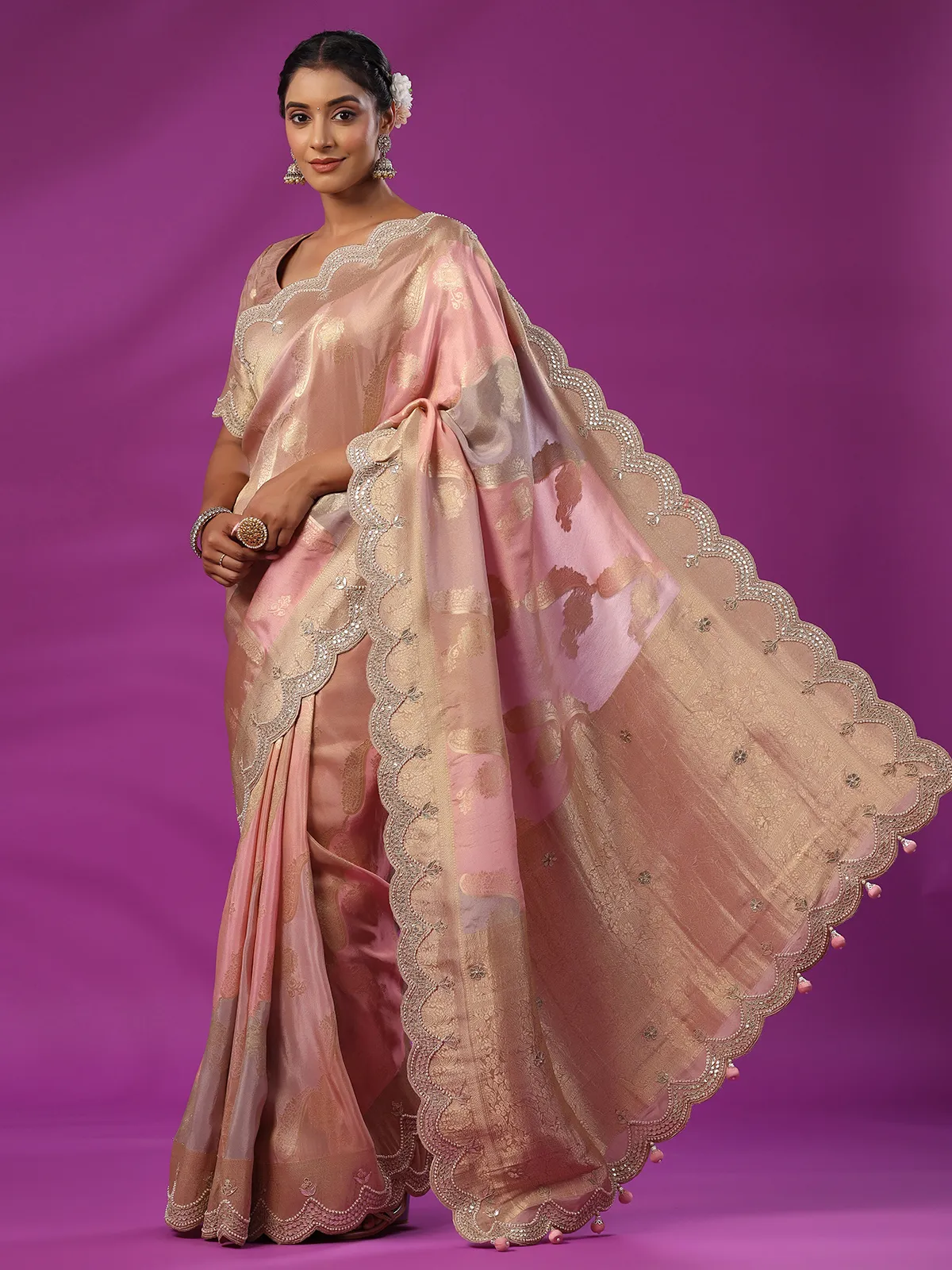 Rich mauve pink tissue silk saree