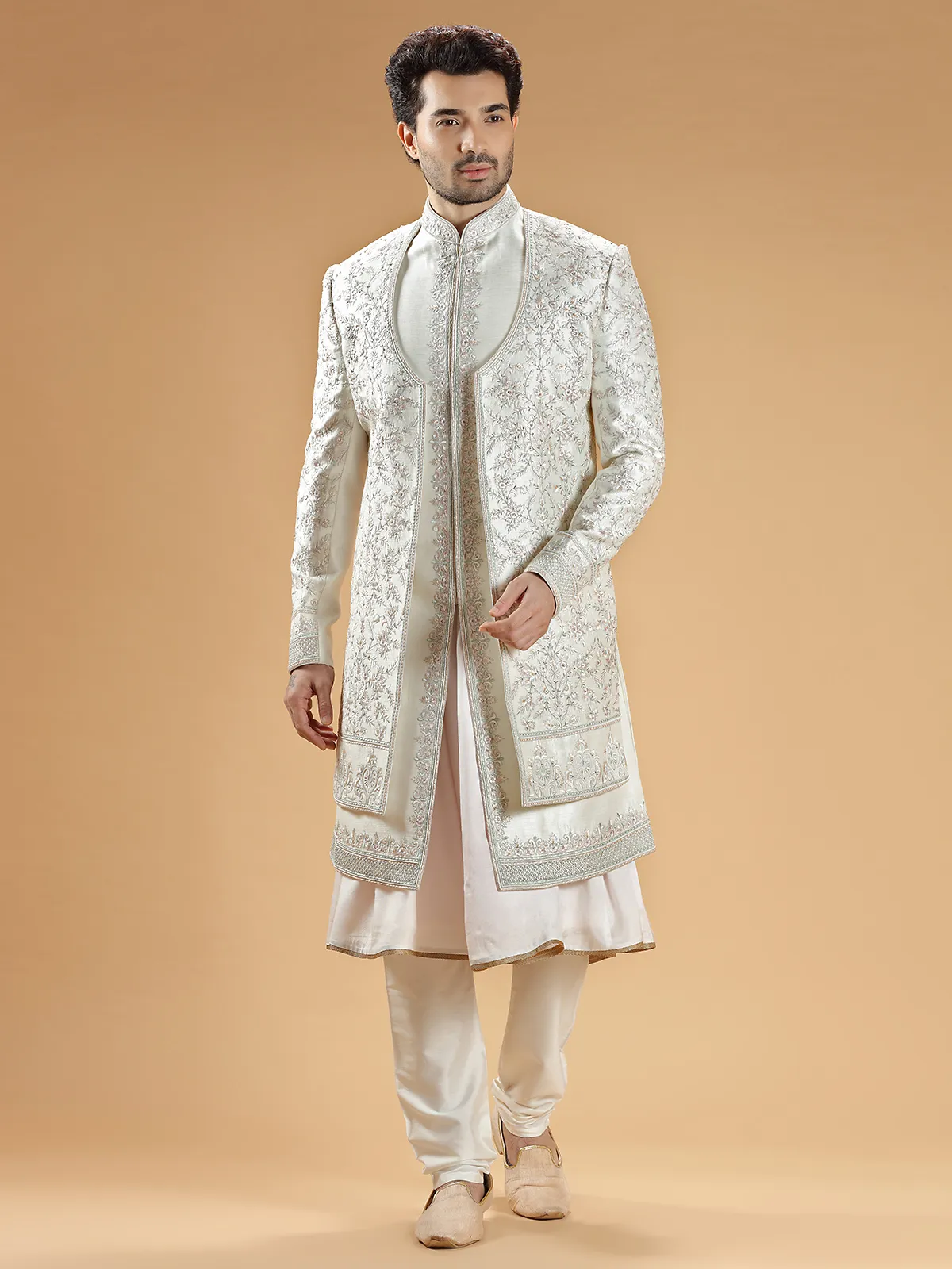 Rich raw silk cream sherwani