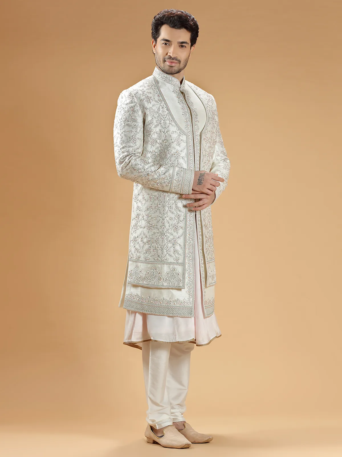 Rich raw silk cream sherwani