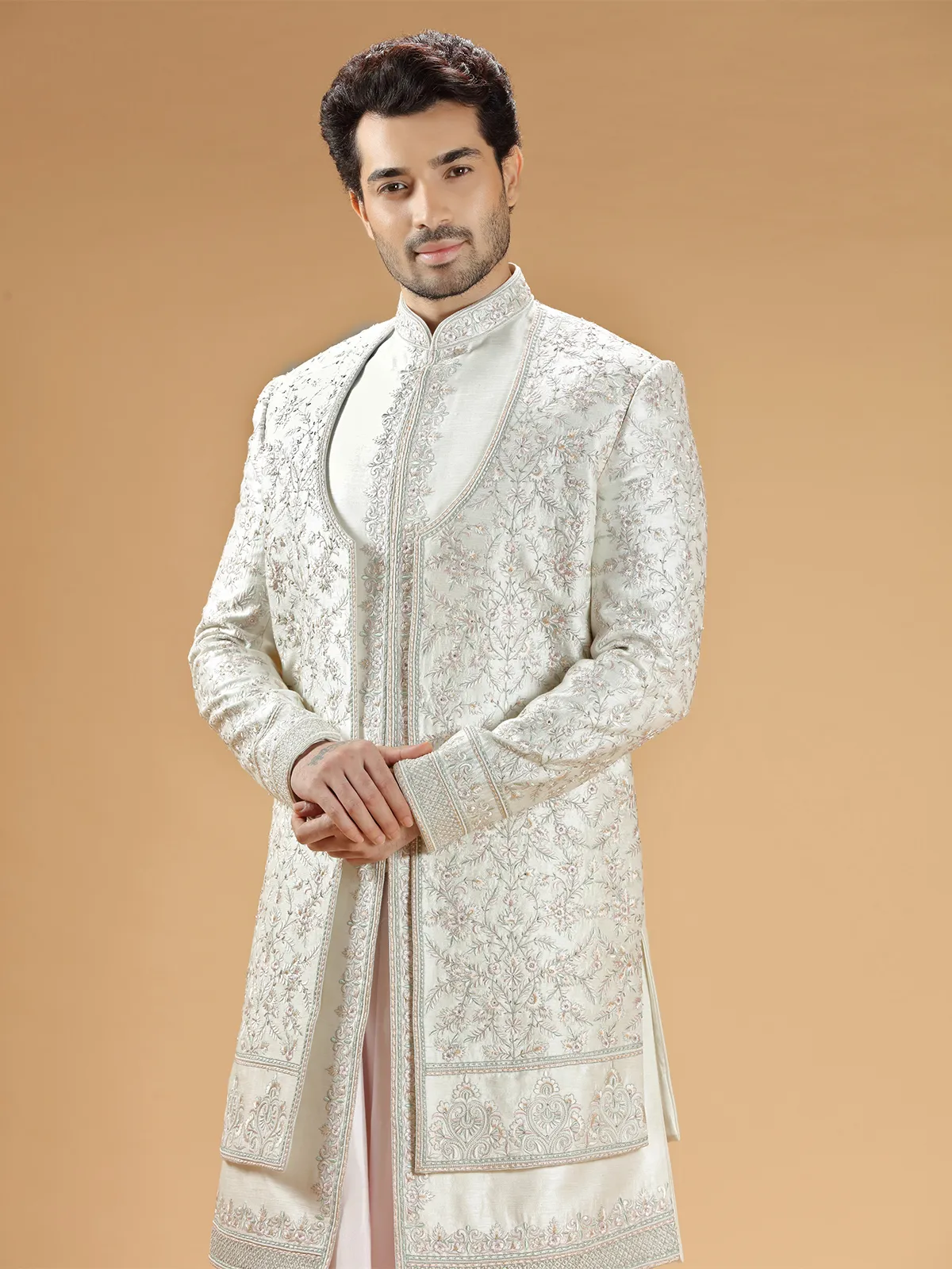 Rich raw silk cream sherwani