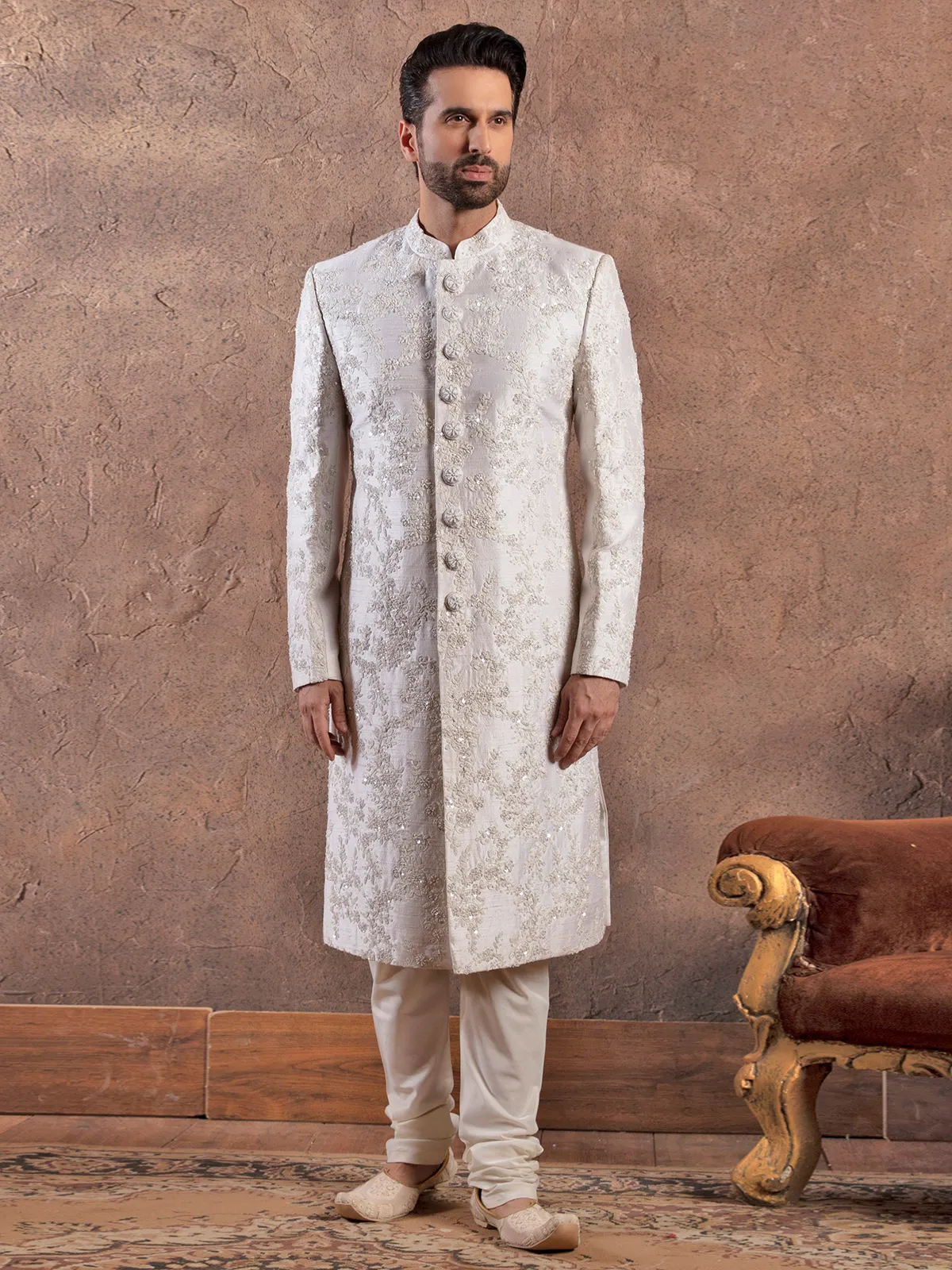 Rich raw silk white wedding sherwani