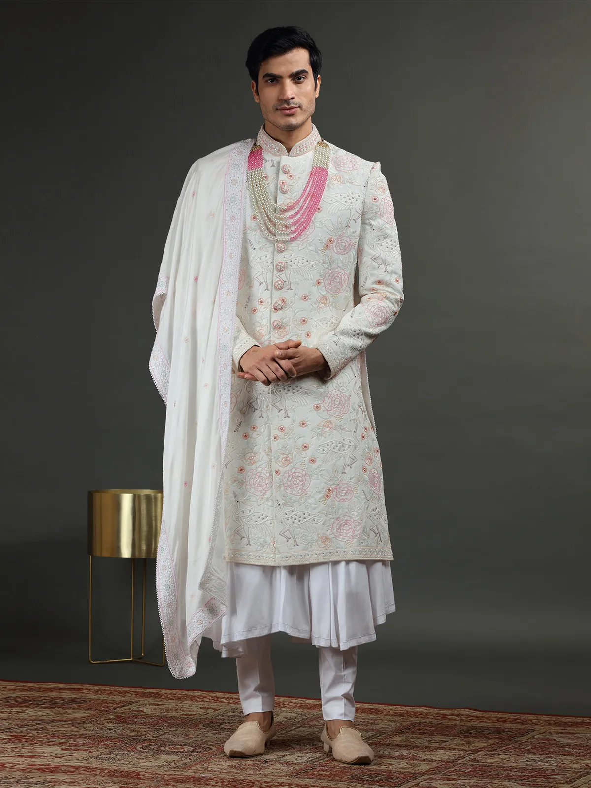 Rich white silk groom sherwani