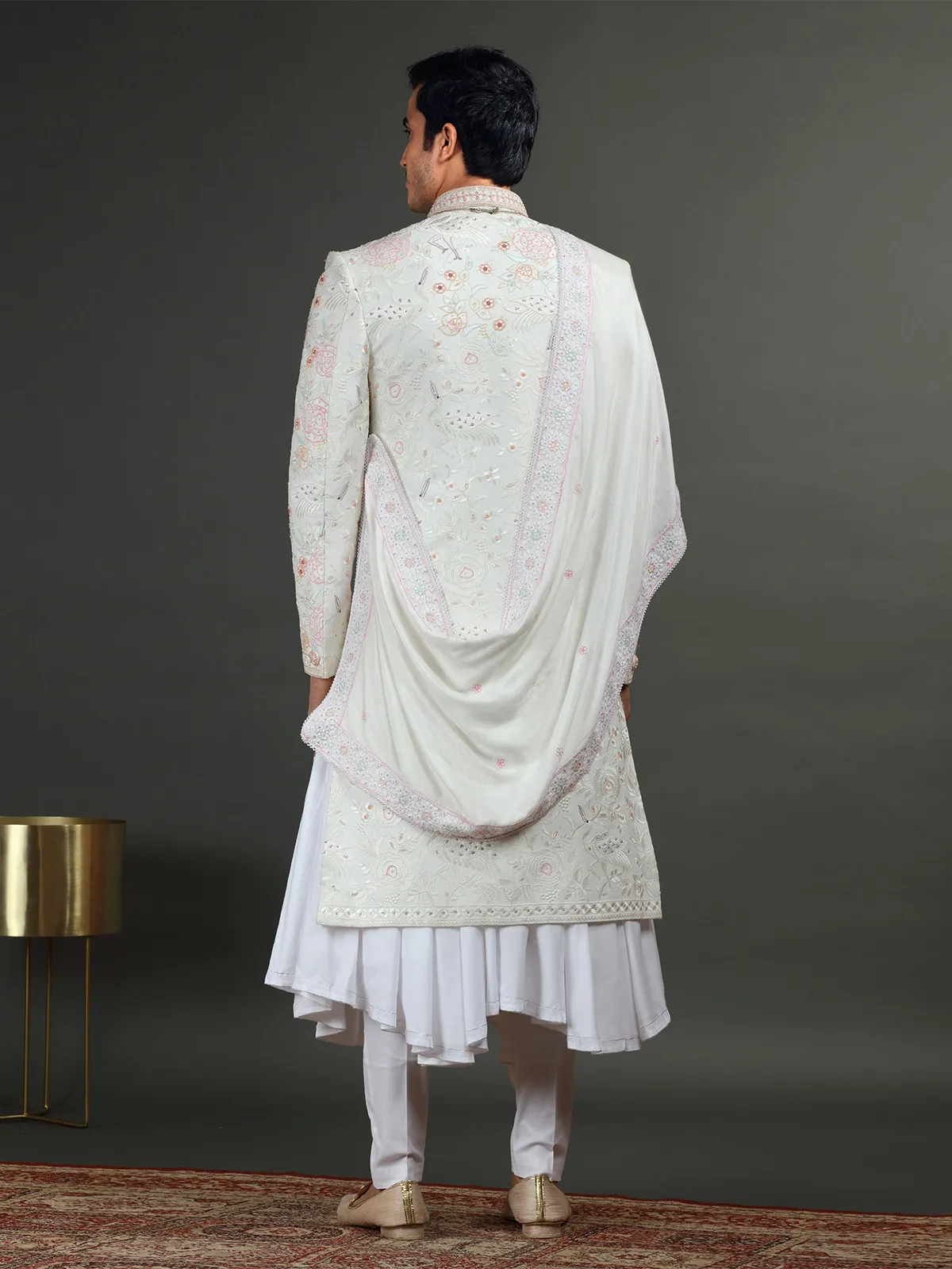 Rich white silk groom sherwani