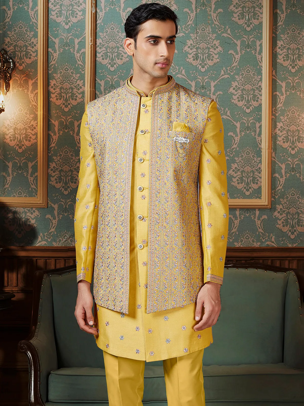 Rich yellow raw silk Indowestern with zari embellishment