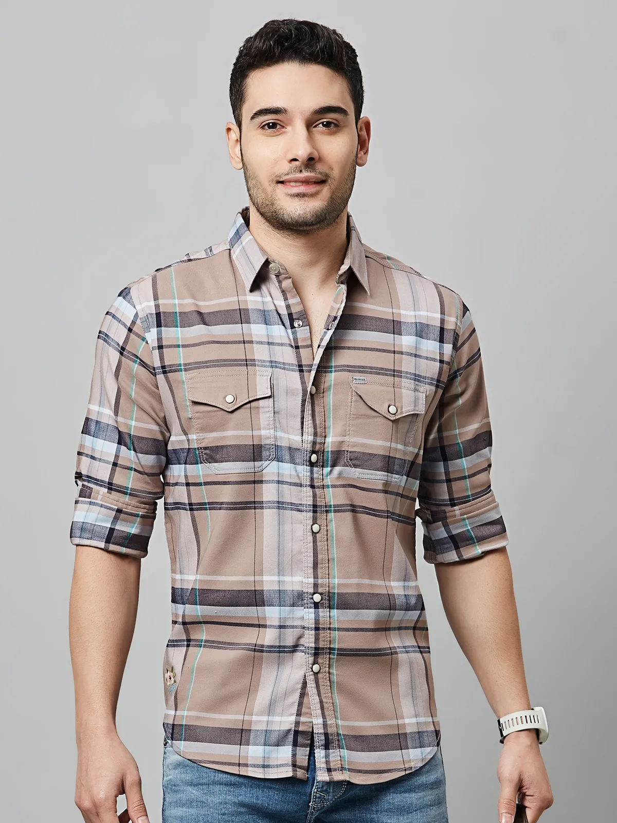 River Blue beige checks shirt with chest pocket