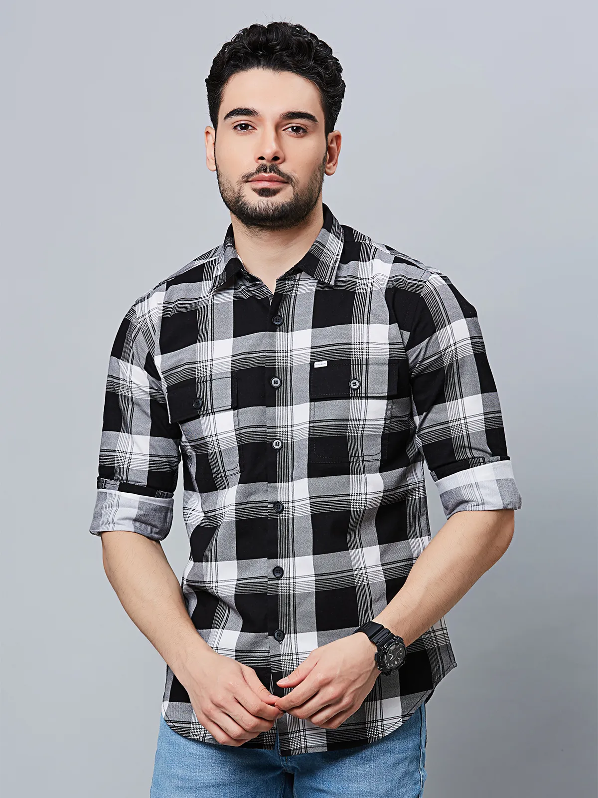 RIVER BLUE black checks cotton shirt