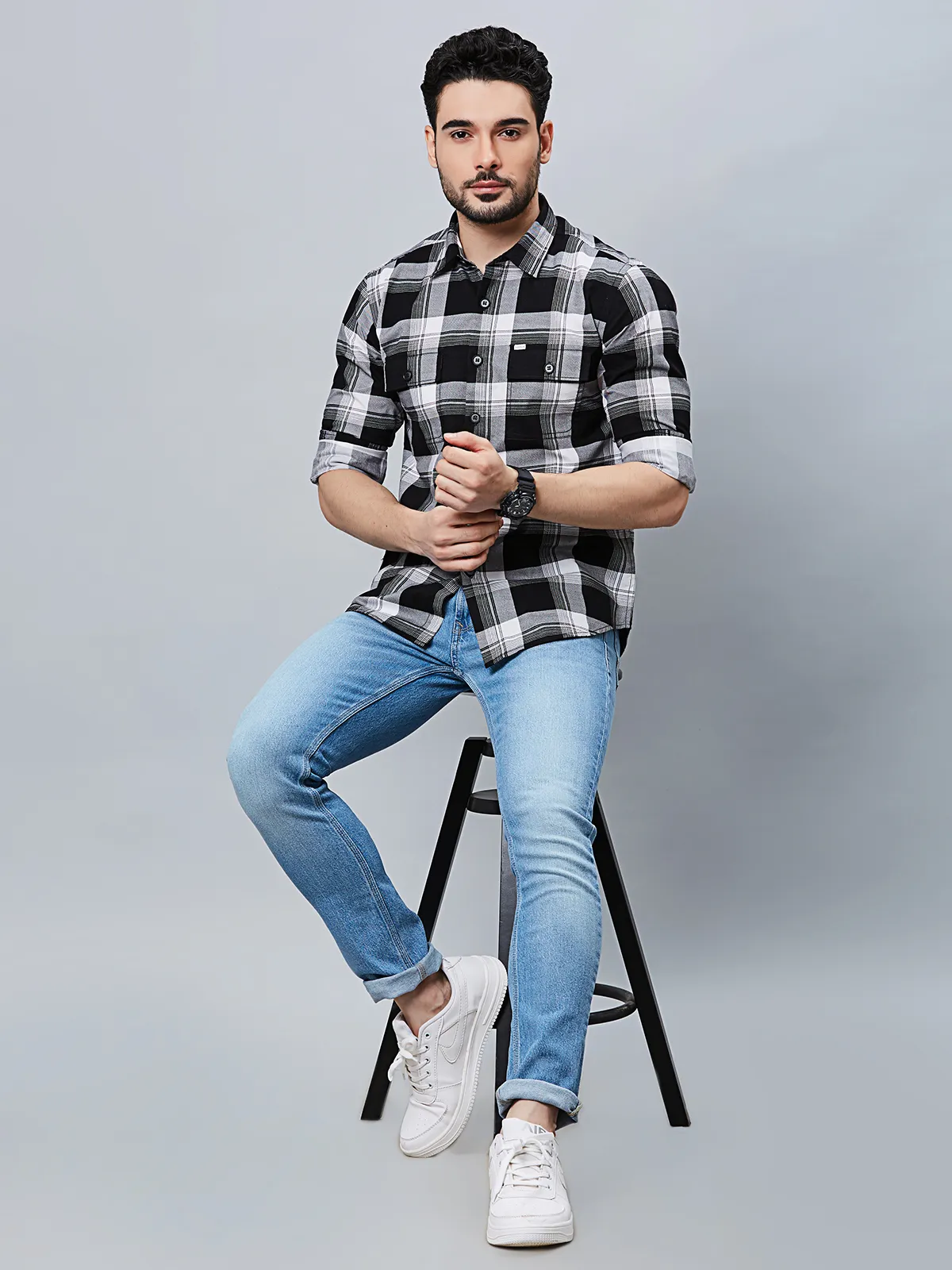 RIVER BLUE black checks cotton shirt