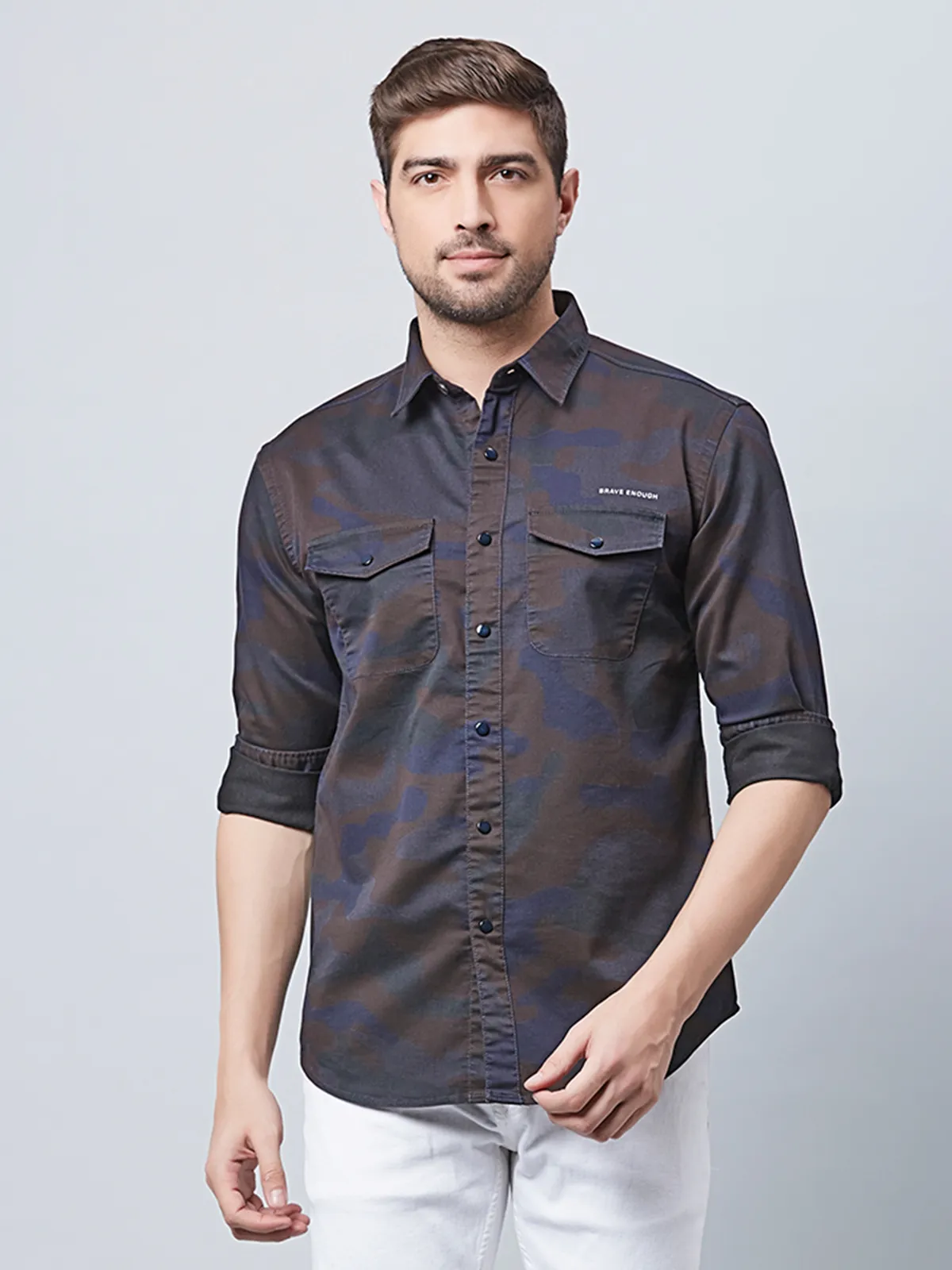 River Blue brown cotton printed shirt