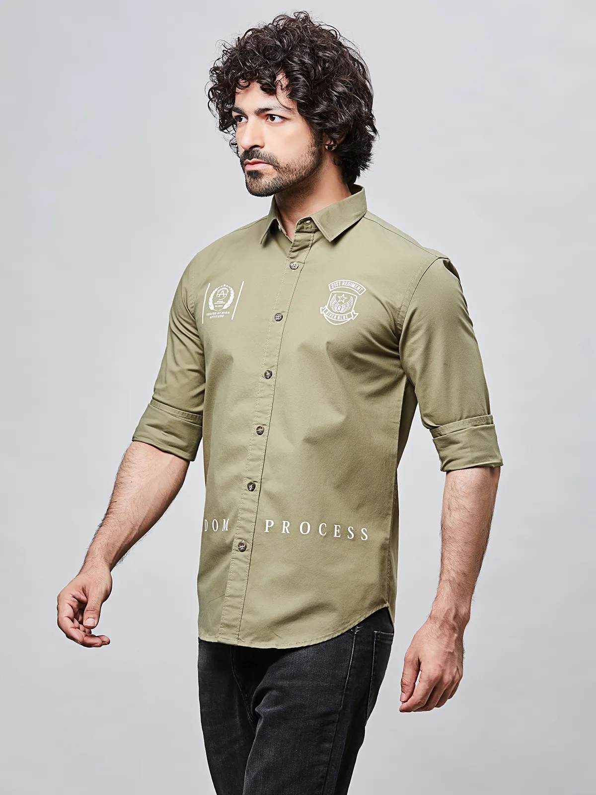 RIVER BLUE cotton casaul olive shirt for men