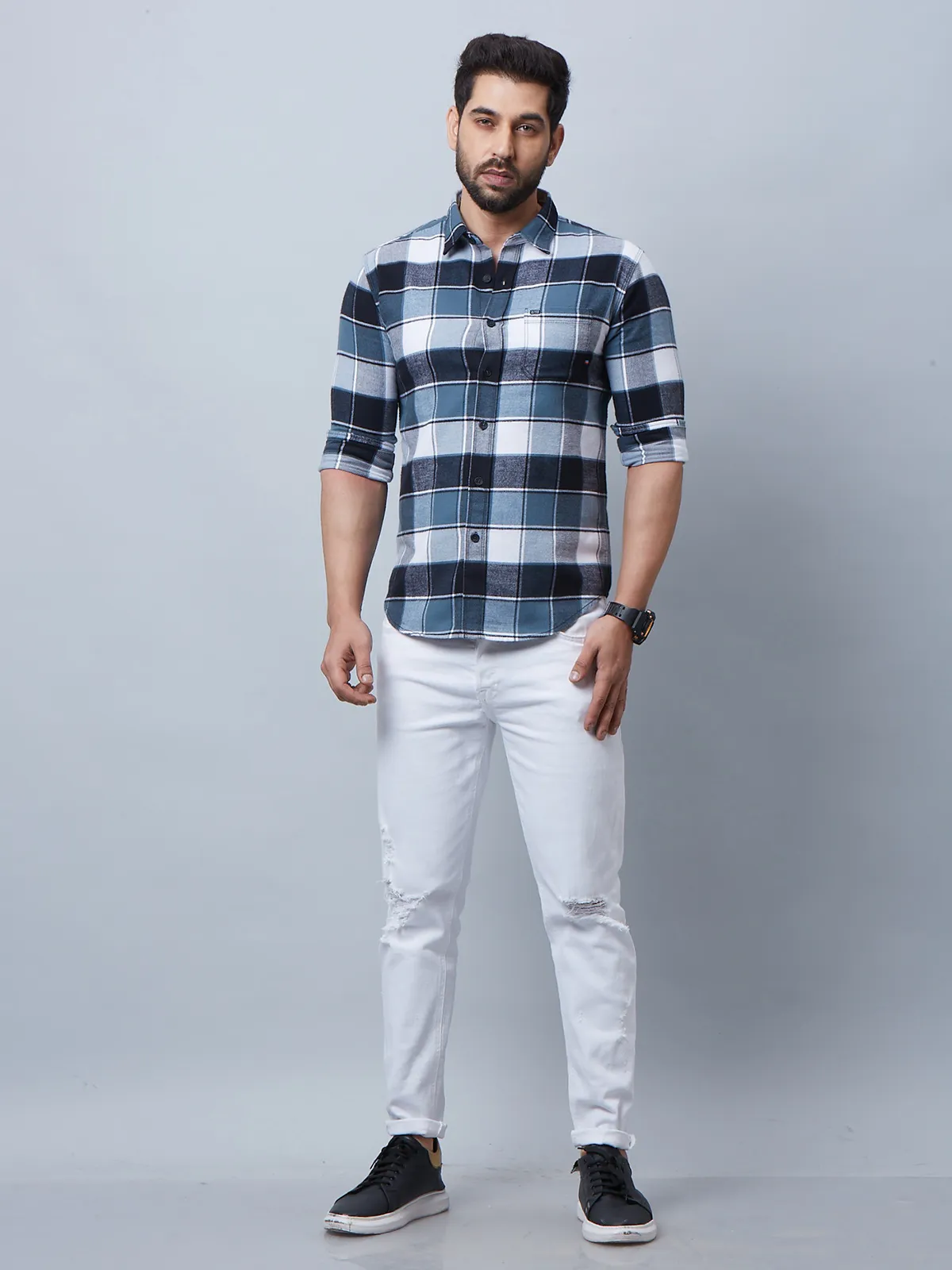 River Blue cotton dark blue checks shirt