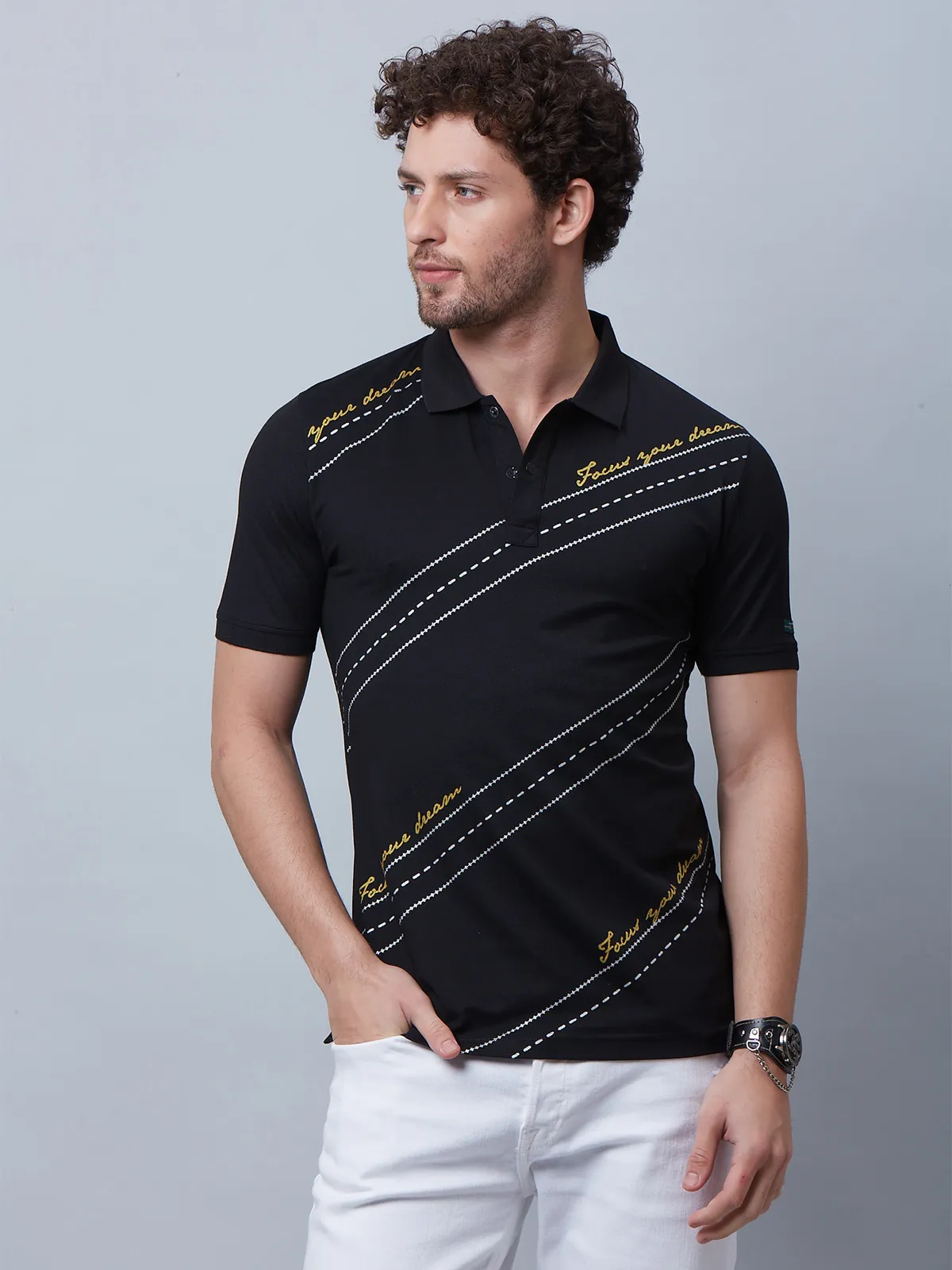 River Blue cotton printed black polo t shirt