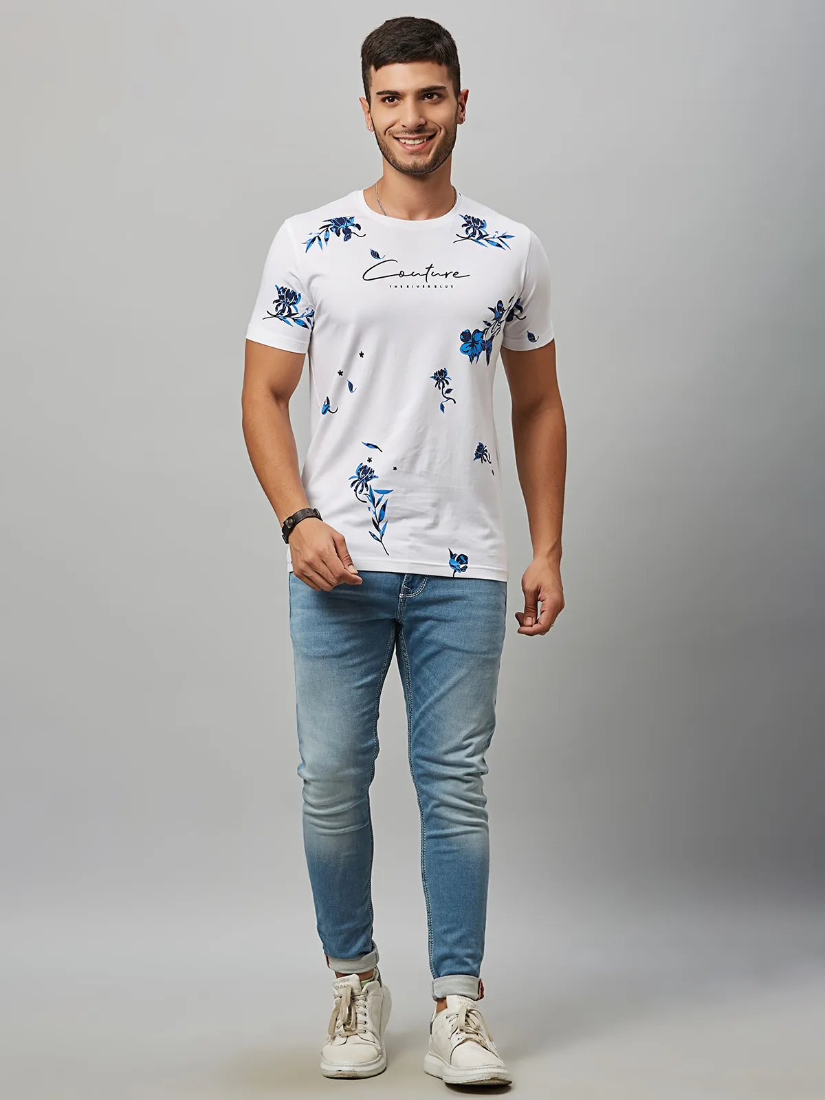River Blue cotton printed t shirt in white
