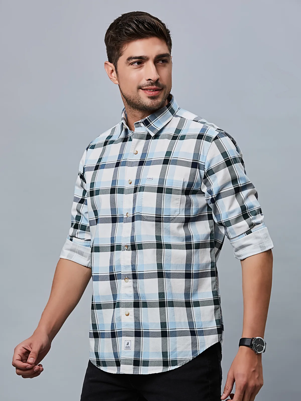 River Blue cotton sky blue checks shirt