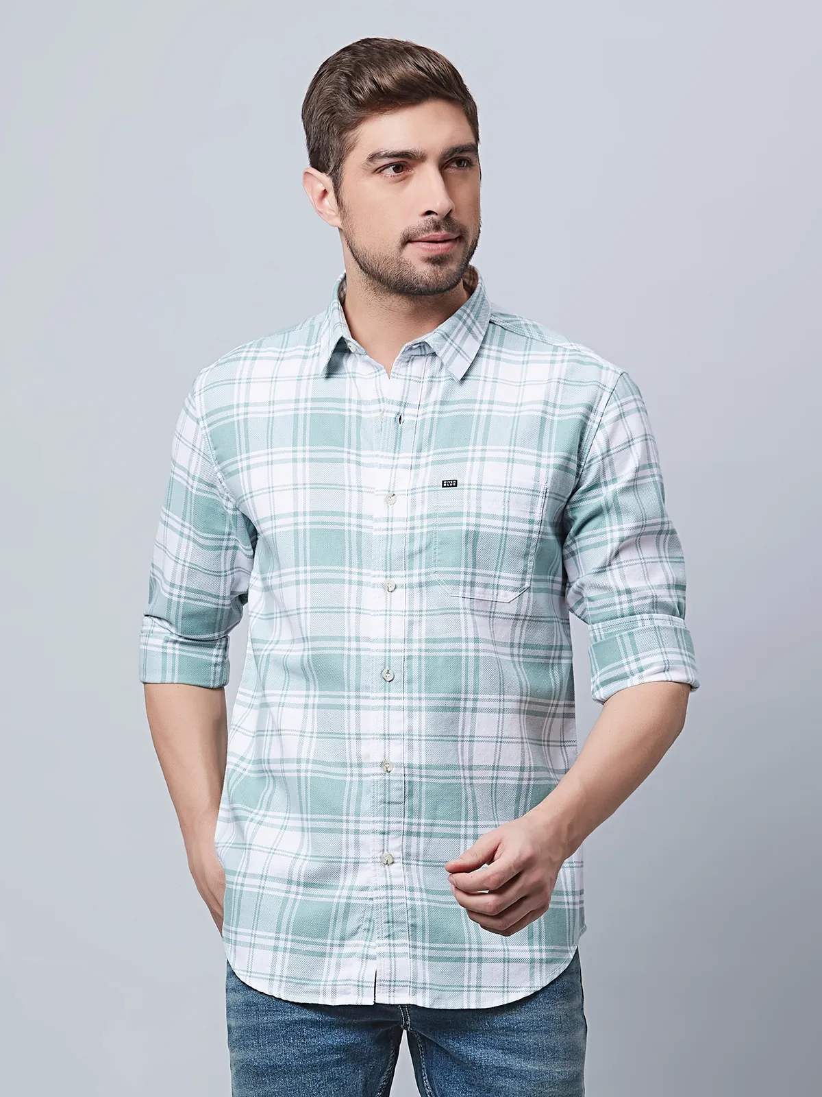 River Blue cotton white and green checks shirt