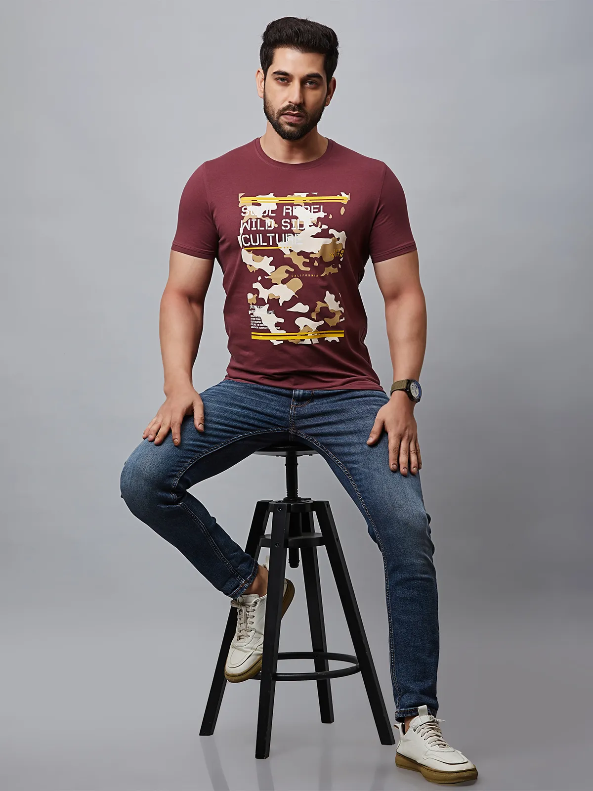 River Blue maroon cotton printed t shirt