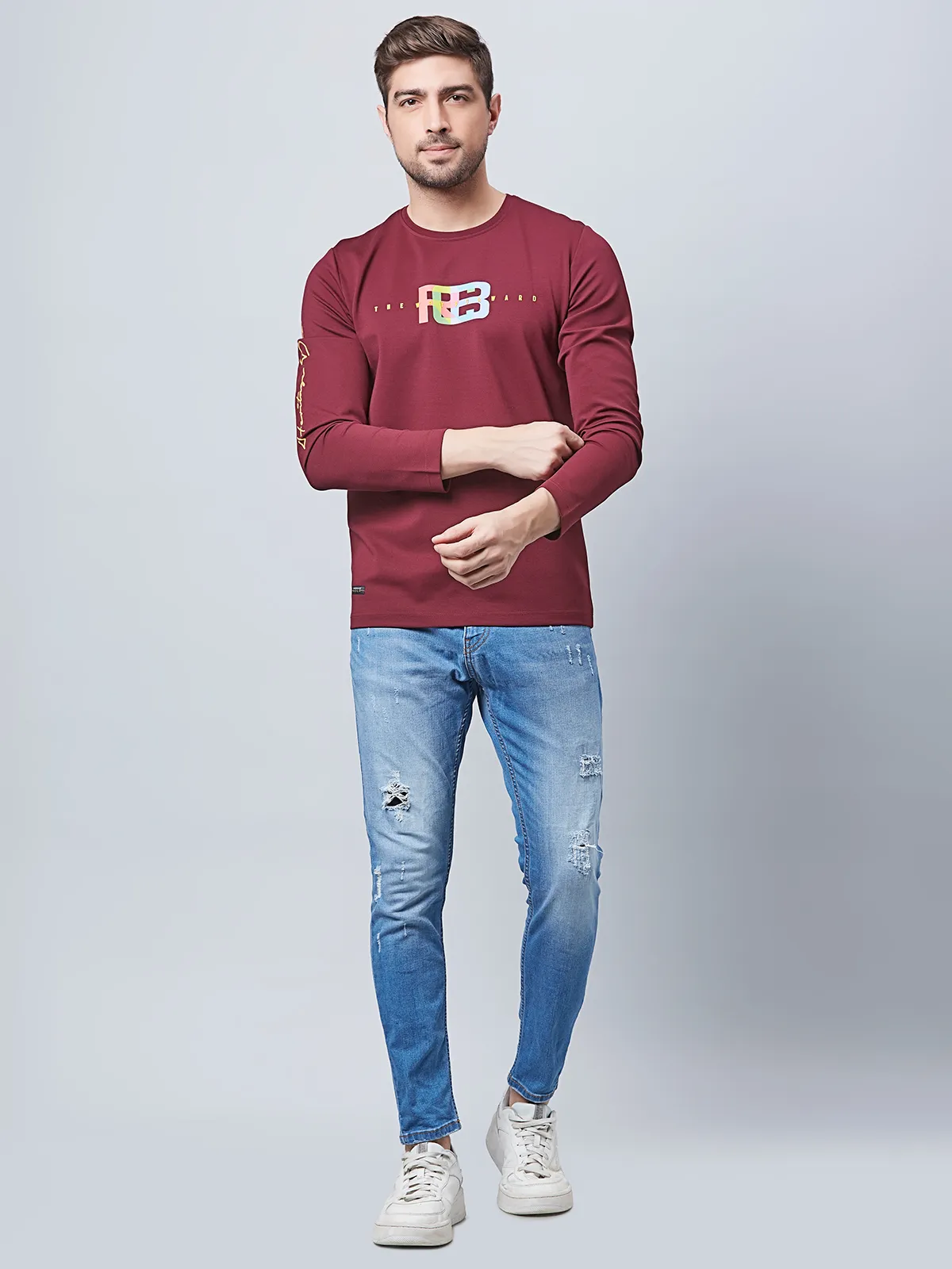 River Blue maroon full sleeves cotton t shirt