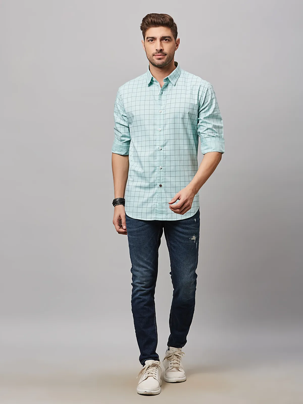 River Blue mint green cotton checks shirt