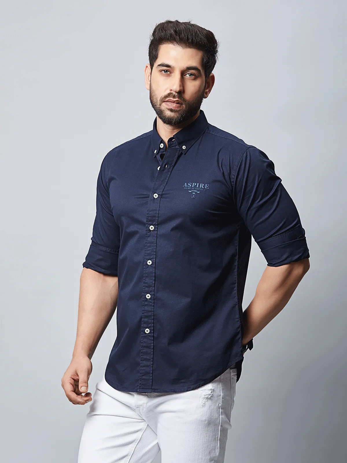 River Blue navy plain cotton shirt