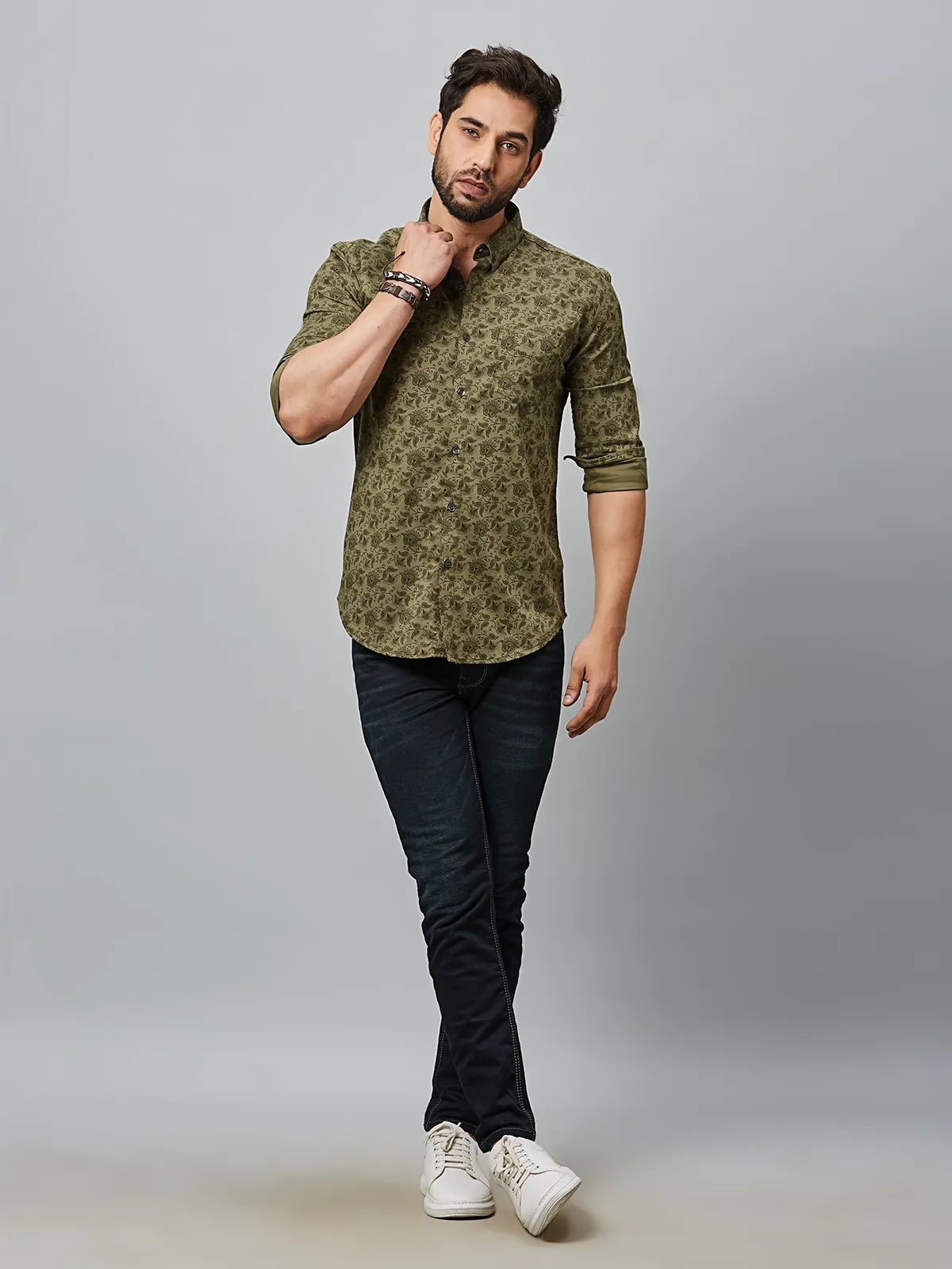 River Blue olive cotton printed shirt