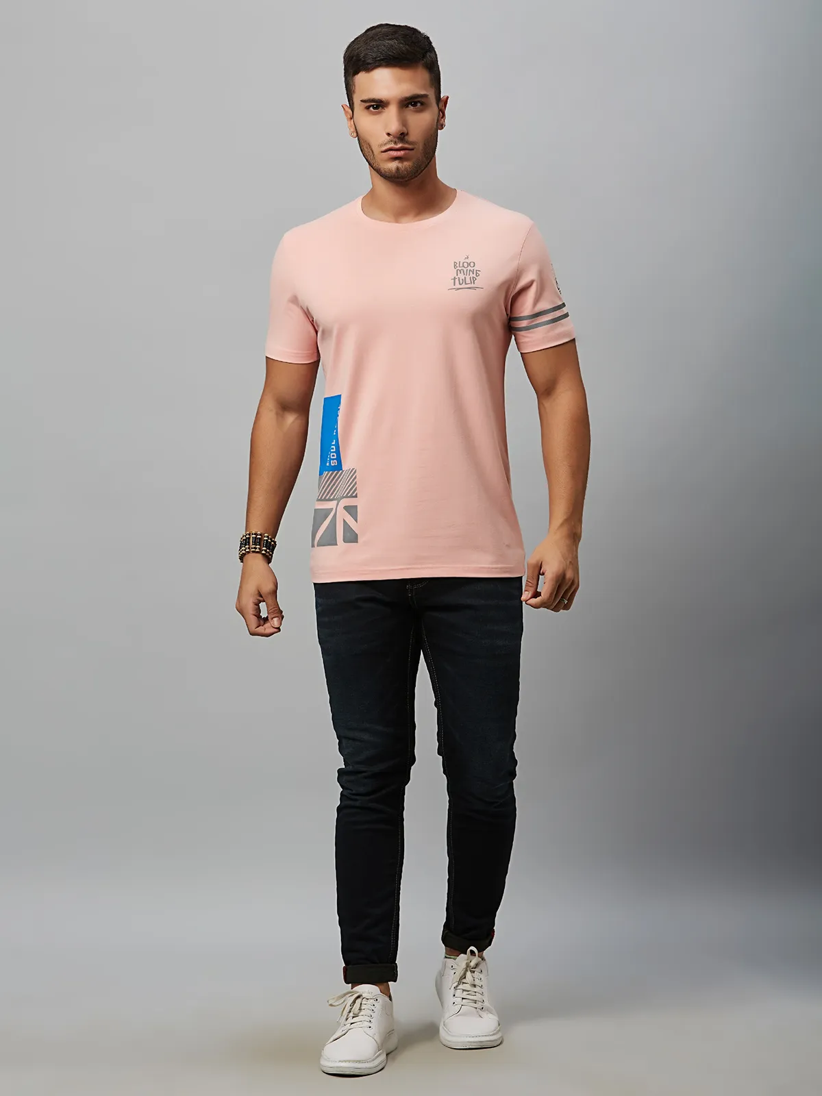 River Blue pink printed cotton half sleeves t shirt