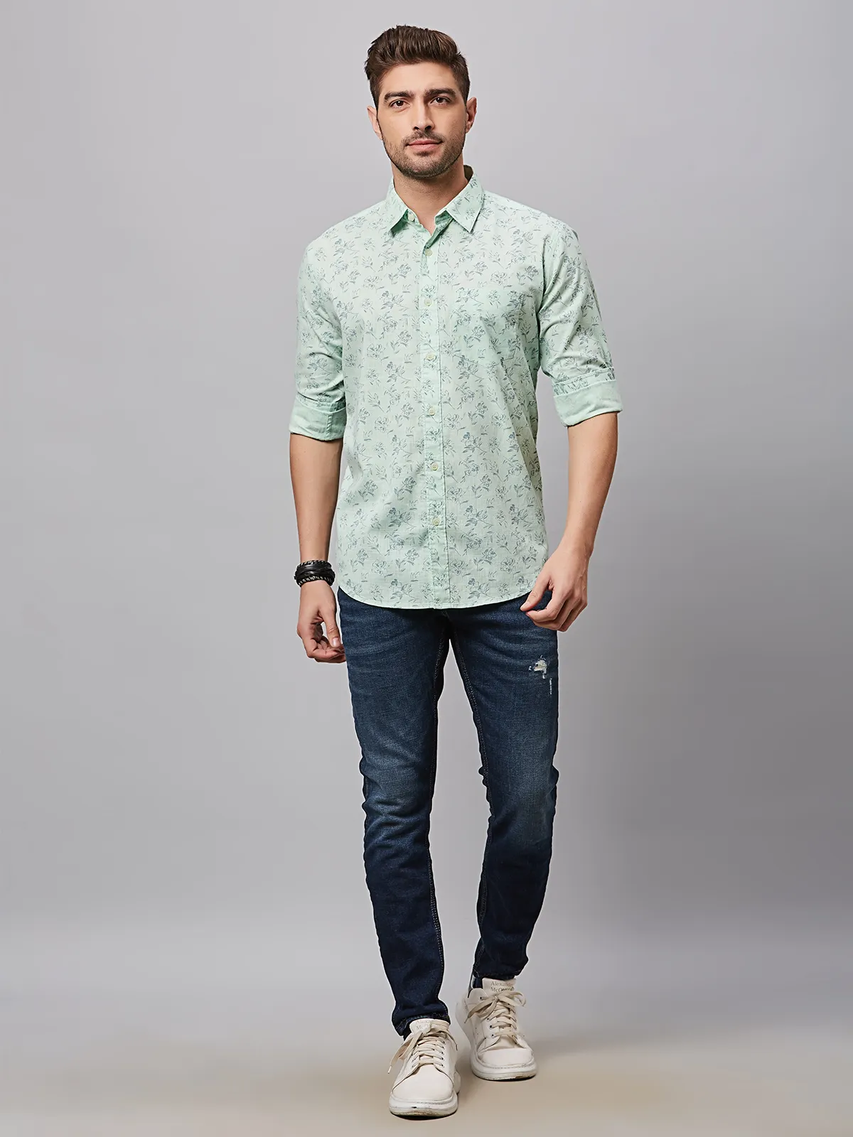 River Blue pista green cotton printed shirt