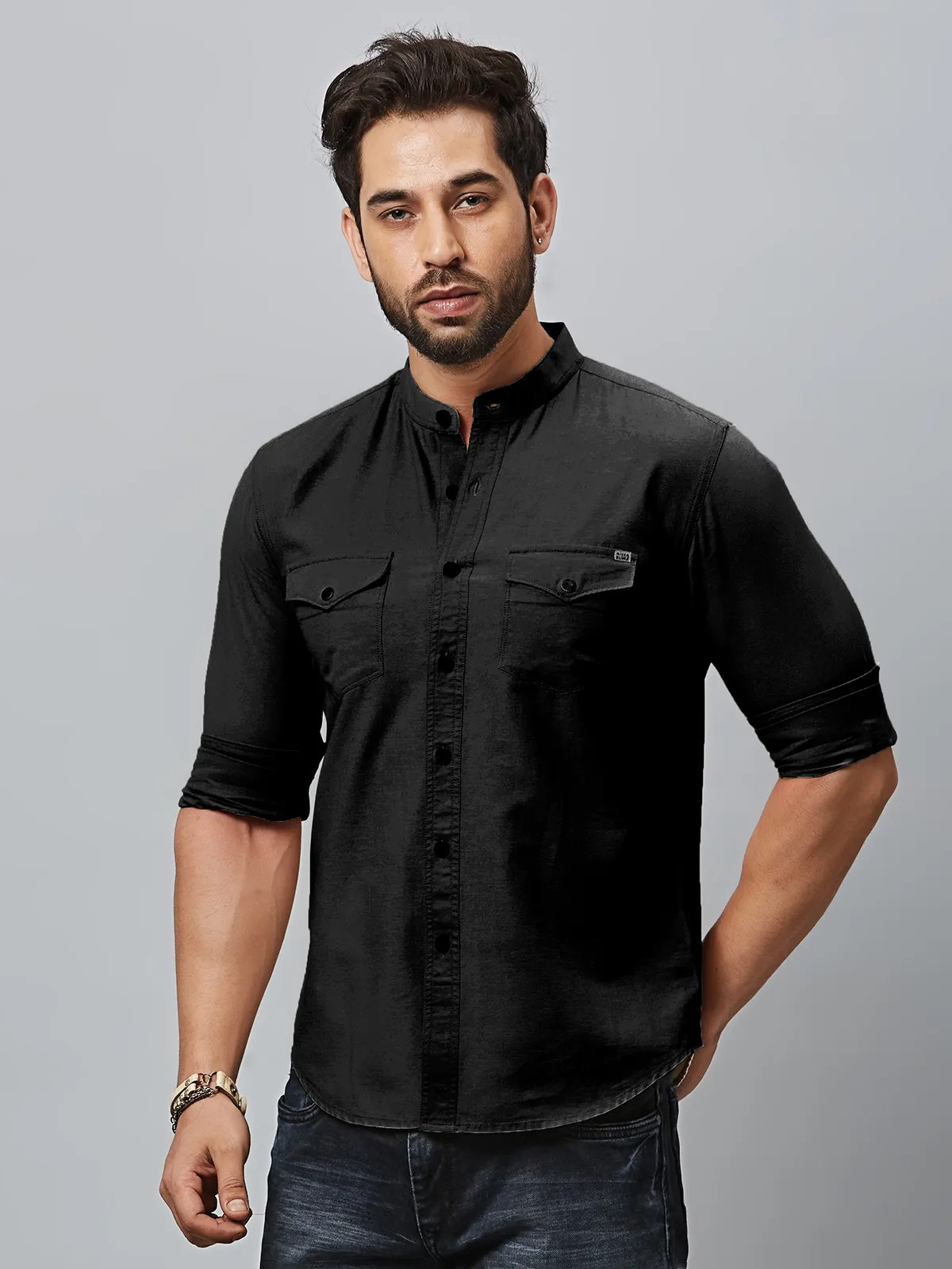 River Blue plain black cotton shirt