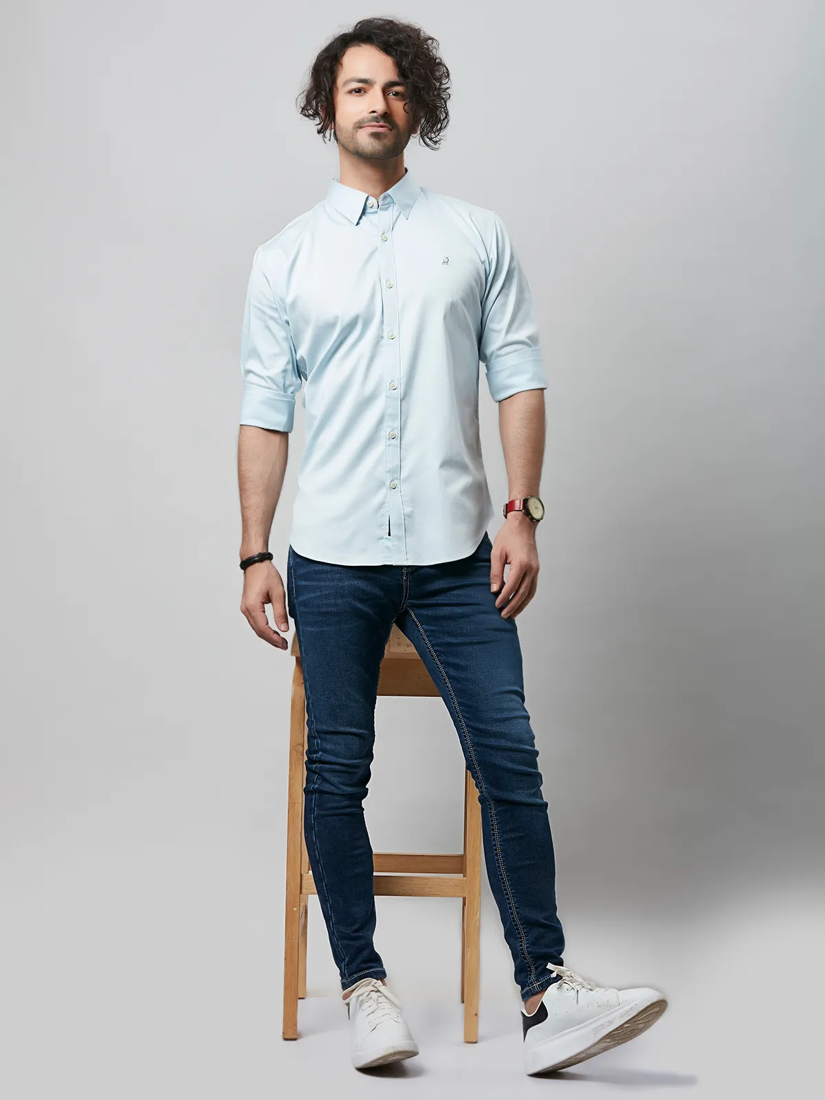 River Blue plain cotton light blue shirt in slim fit