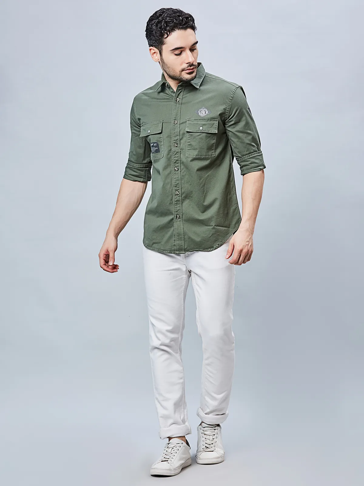 RIVER BLUE plain cotton men shirt in olive