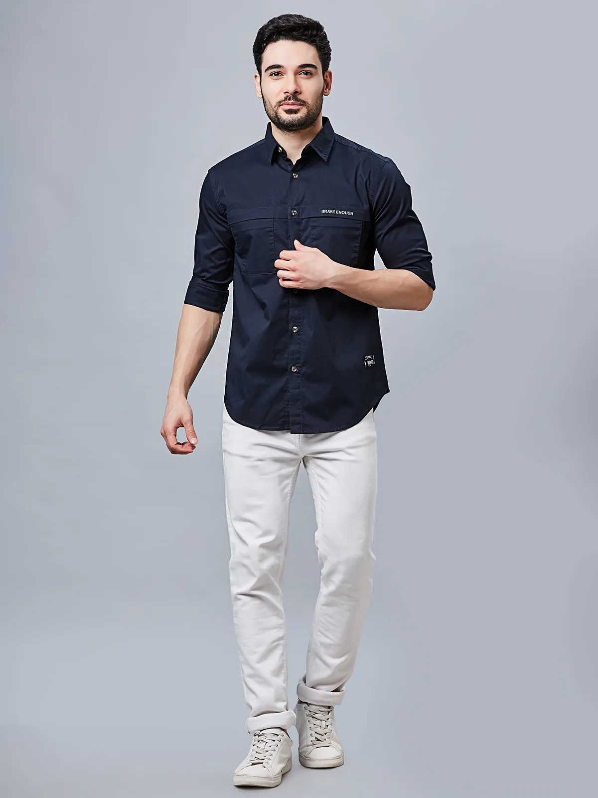 RIVER BLUE plain slim fit cotton blue men shirt