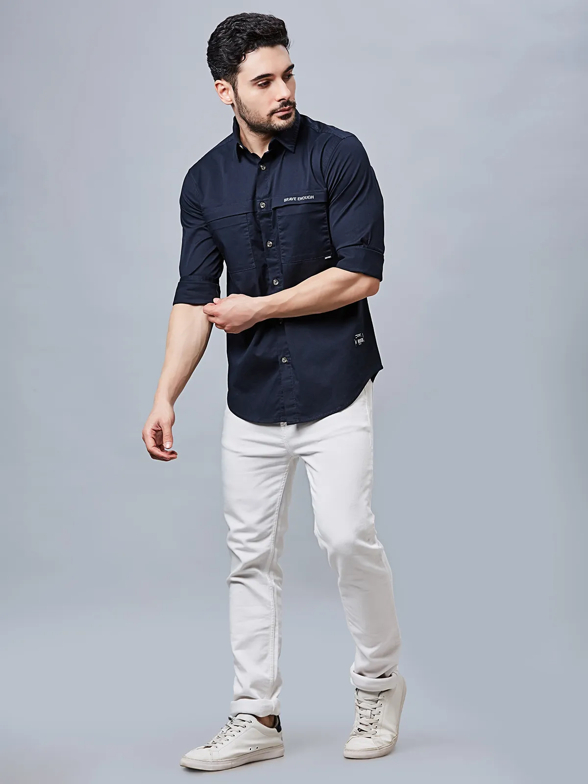 RIVER BLUE plain slim fit cotton blue men shirt