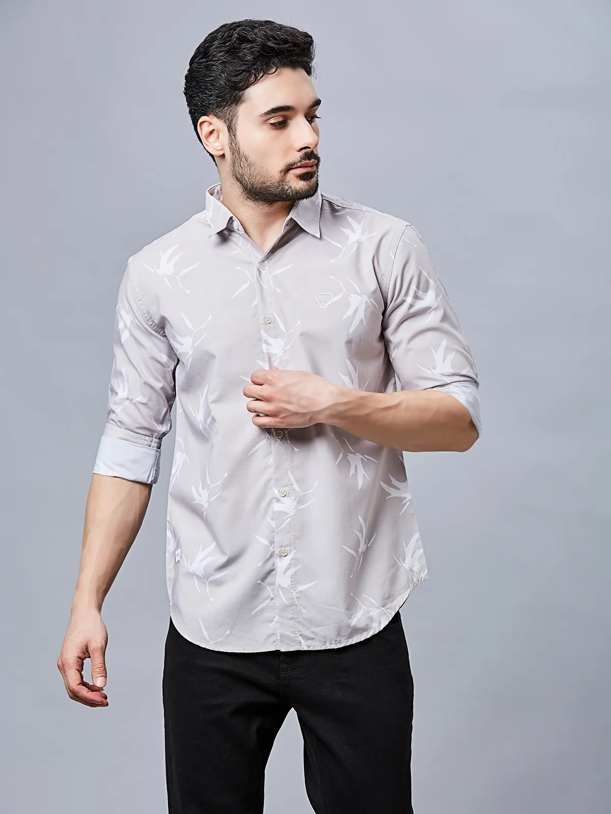 RIVER BLUE printed cotton grey slim fit shirt