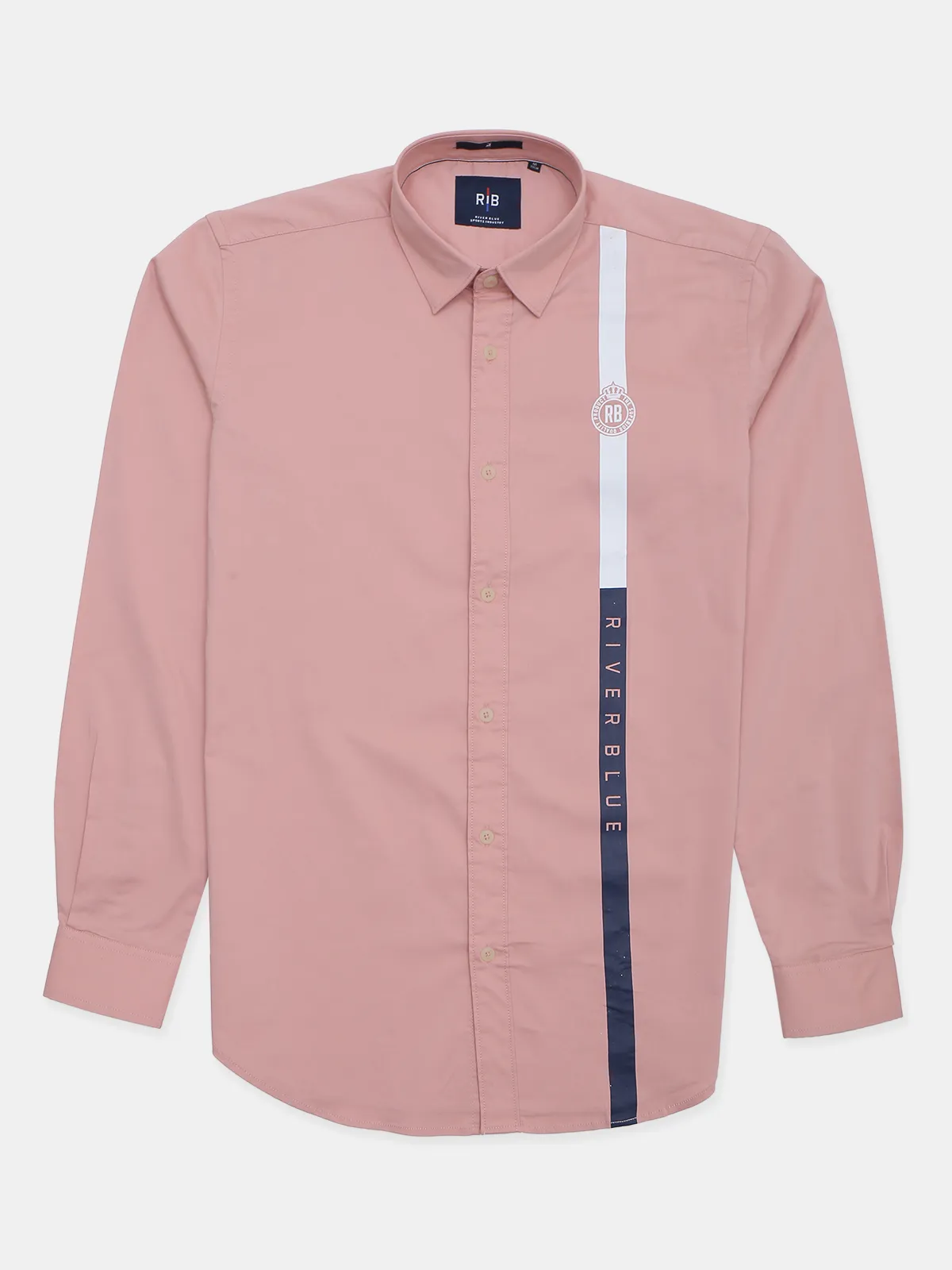 River Blue printed peach hued cotton casual wear shirt