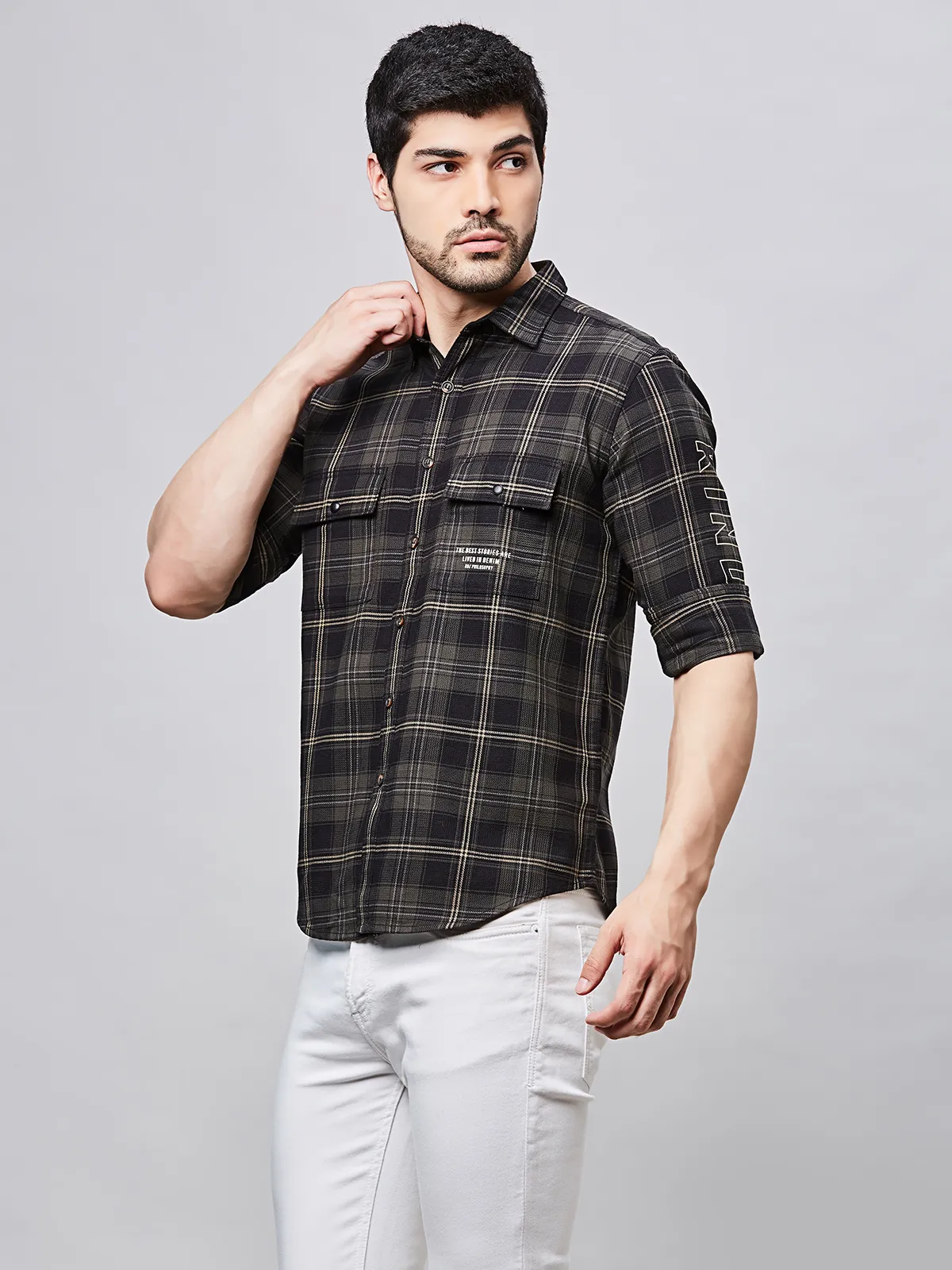 RIVER BLUE slim fit cotton shirt in dark olive for men