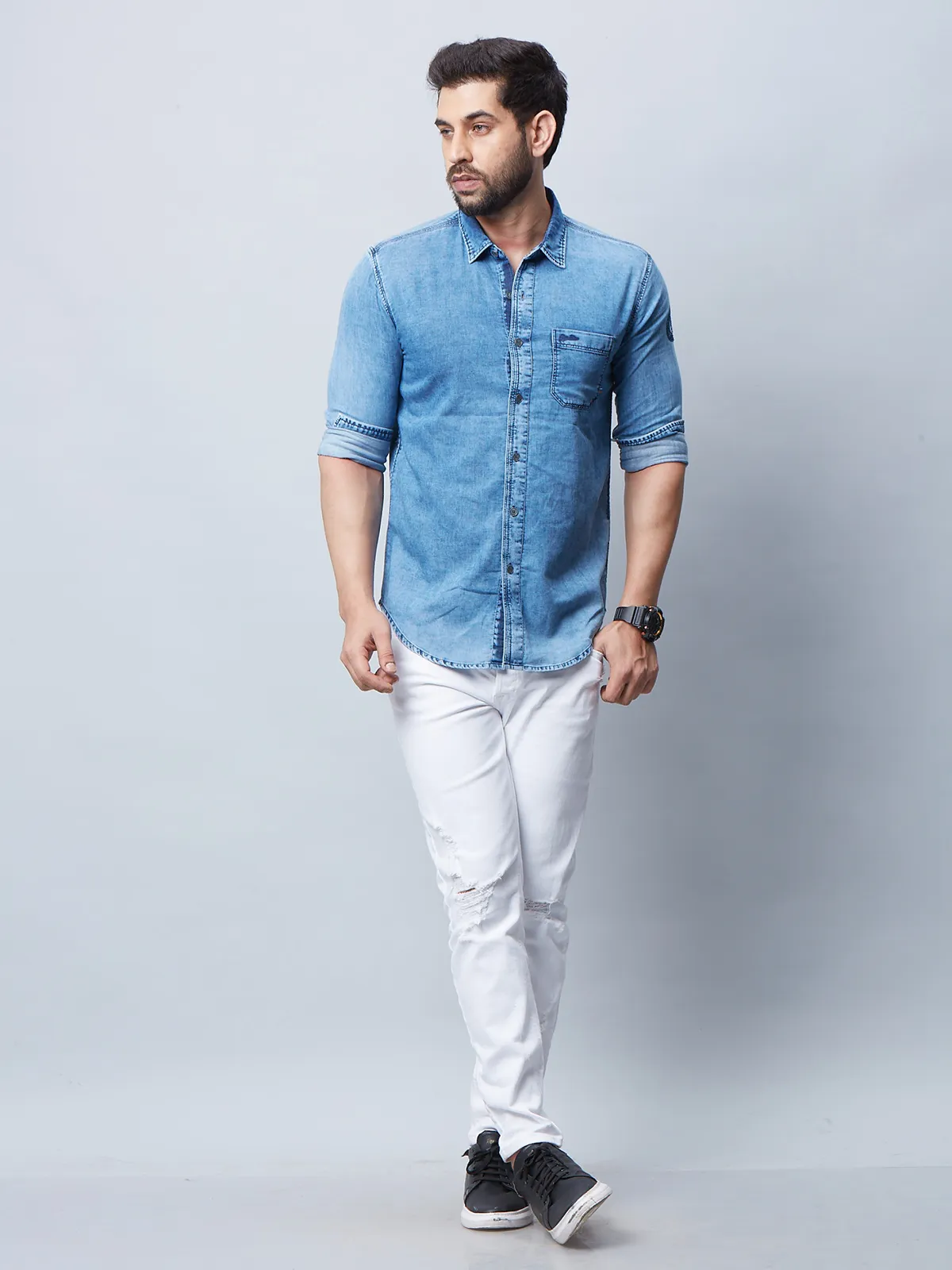 River blue washed denim dark blue shirt