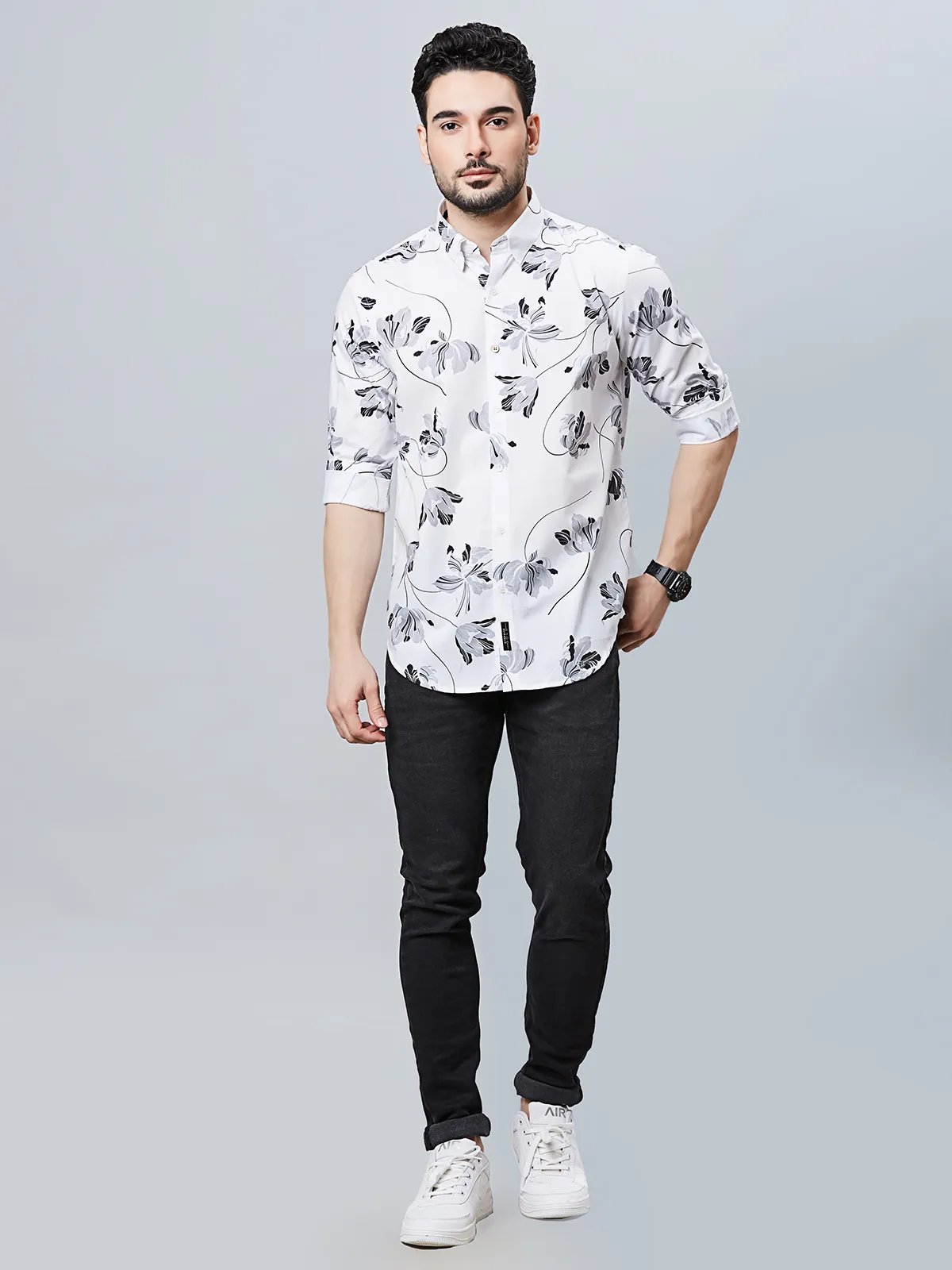 RIVER BLUE white floral printed shirt