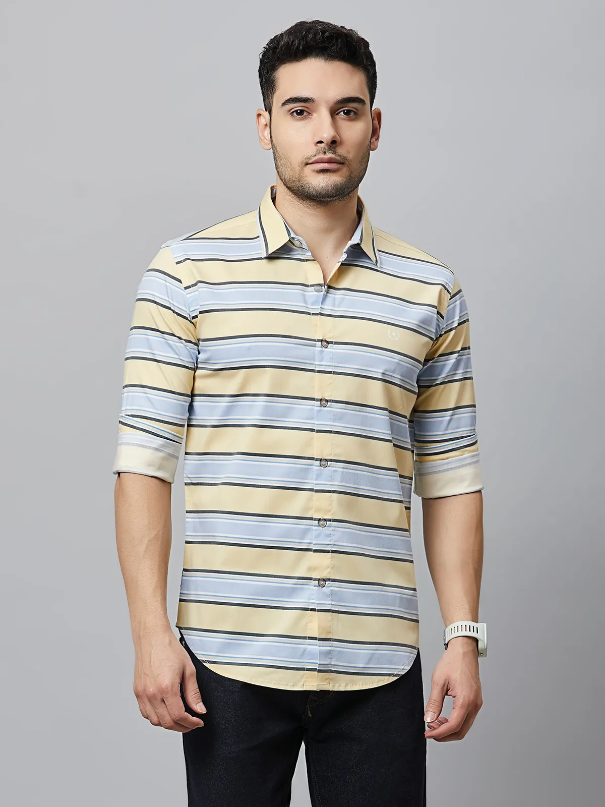 River Blue yellow cotton stripe shirt