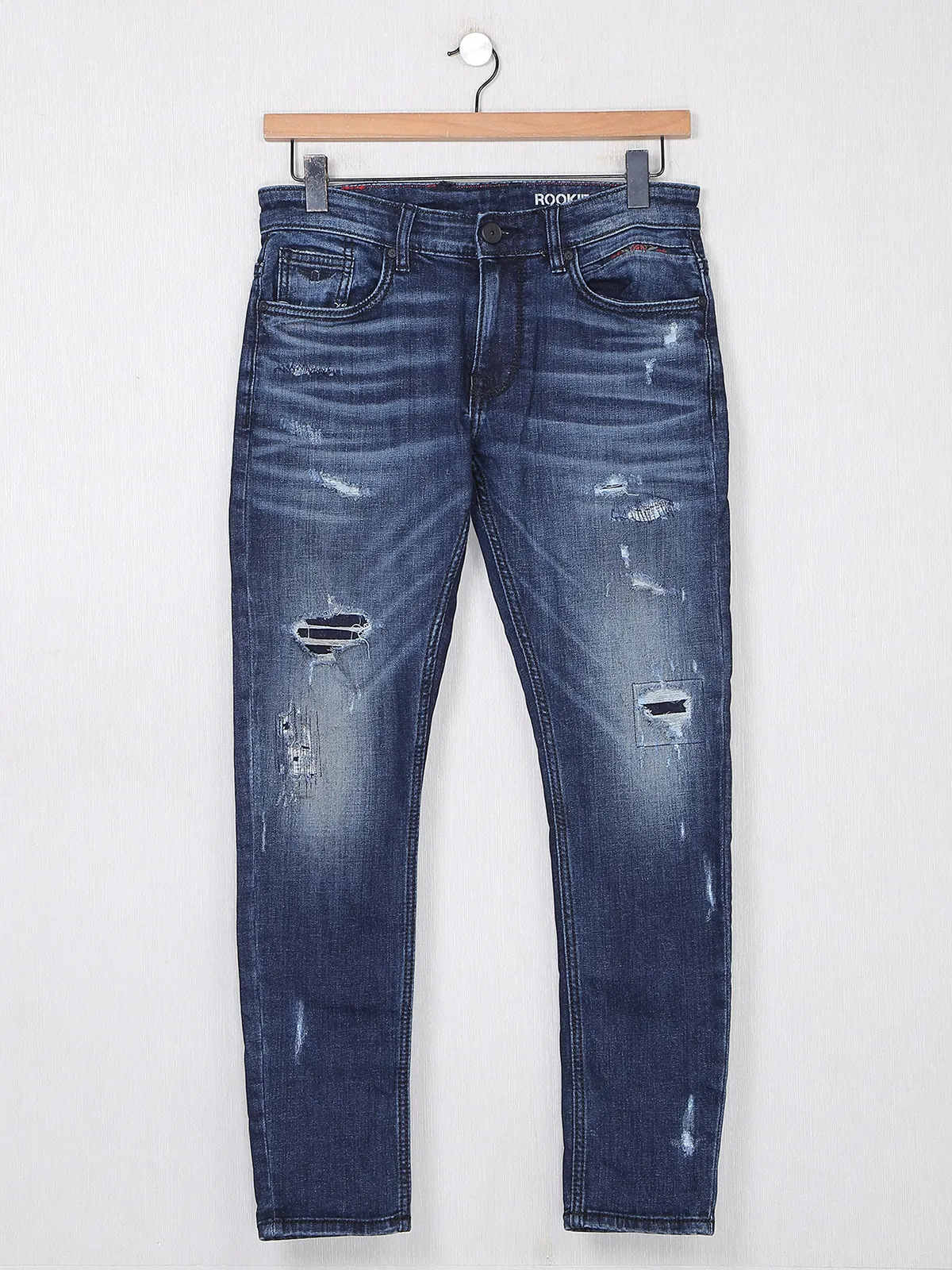 Rookies denim slim fit navy washed and ripped jeans