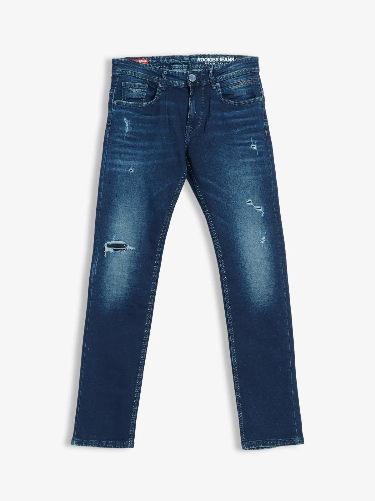 Rookies indigo blue washed and ripped jeans