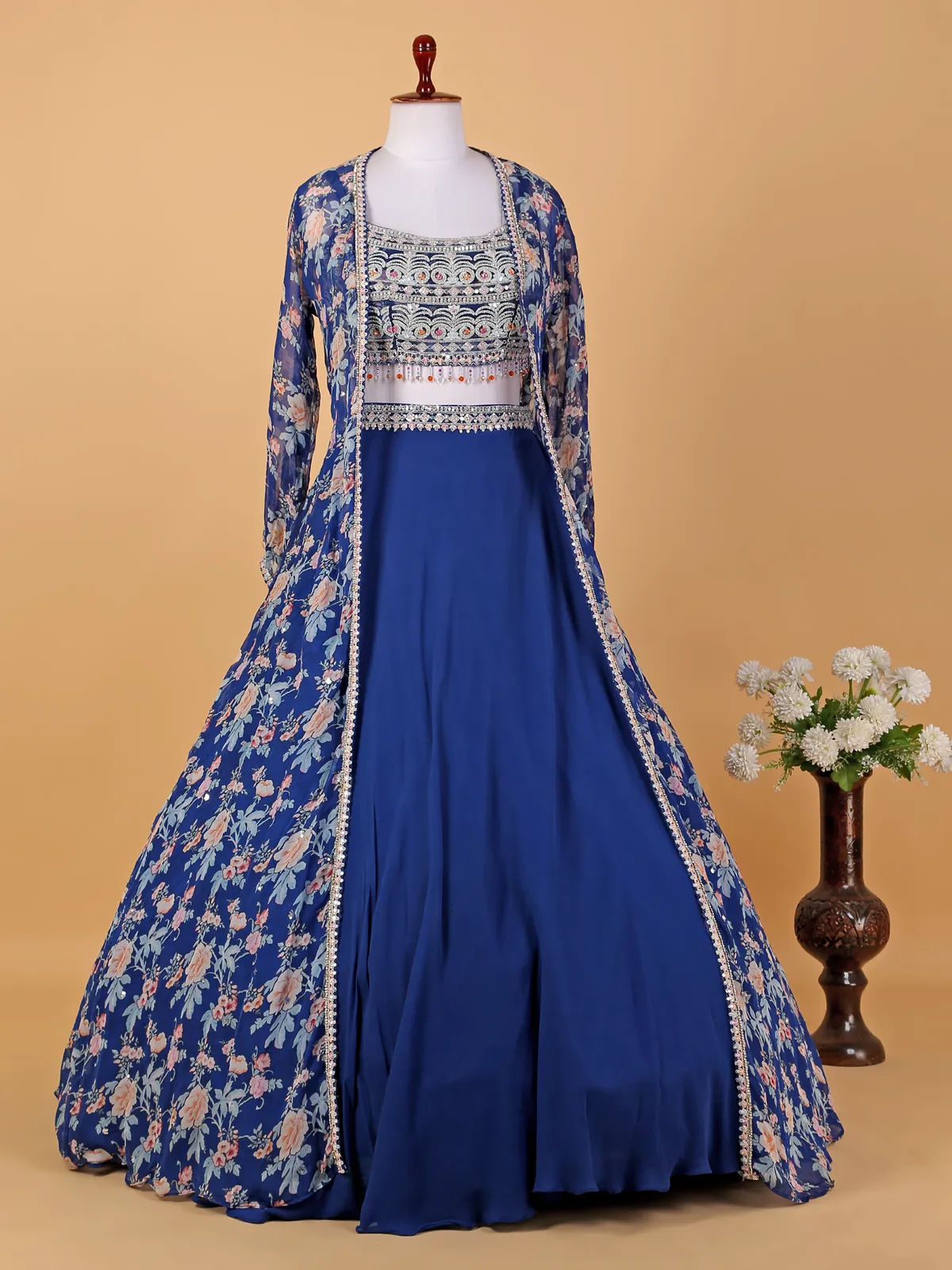 Royal blue georgette jacket style lehenga choli